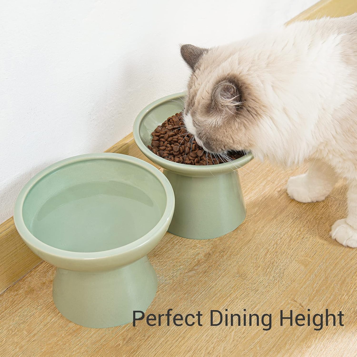 2-Pack Elevated Ceramic Cat Bowls Extra Wide for Food & Water | Anti Vomiting, Whisker Friendly, Shallow Food Dish and Deep Water Bowl, Lead&Cadmium-Free, Raised Height for Cats, Sage Green - view 4