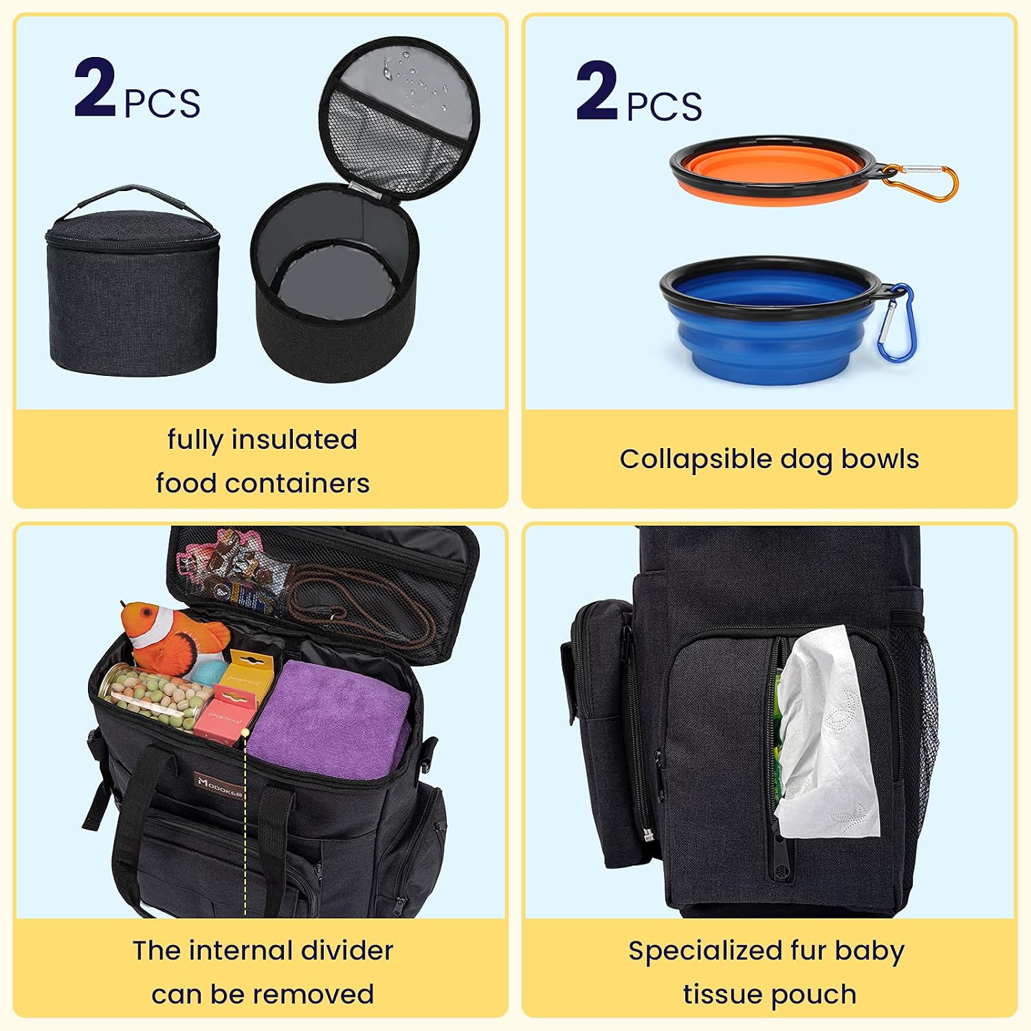 Dog Travel Bag with 2 Collapsible Dog Bowls, 1 Dog Backpack, Airline Approved Pet Travel BagOrganizer for Supplies & Accessories, 2 Travel Dog Food Container, Black | Dog travel accessories set with feeding supplies, bowls, mat, and strap. Ideal for weeke - view 3