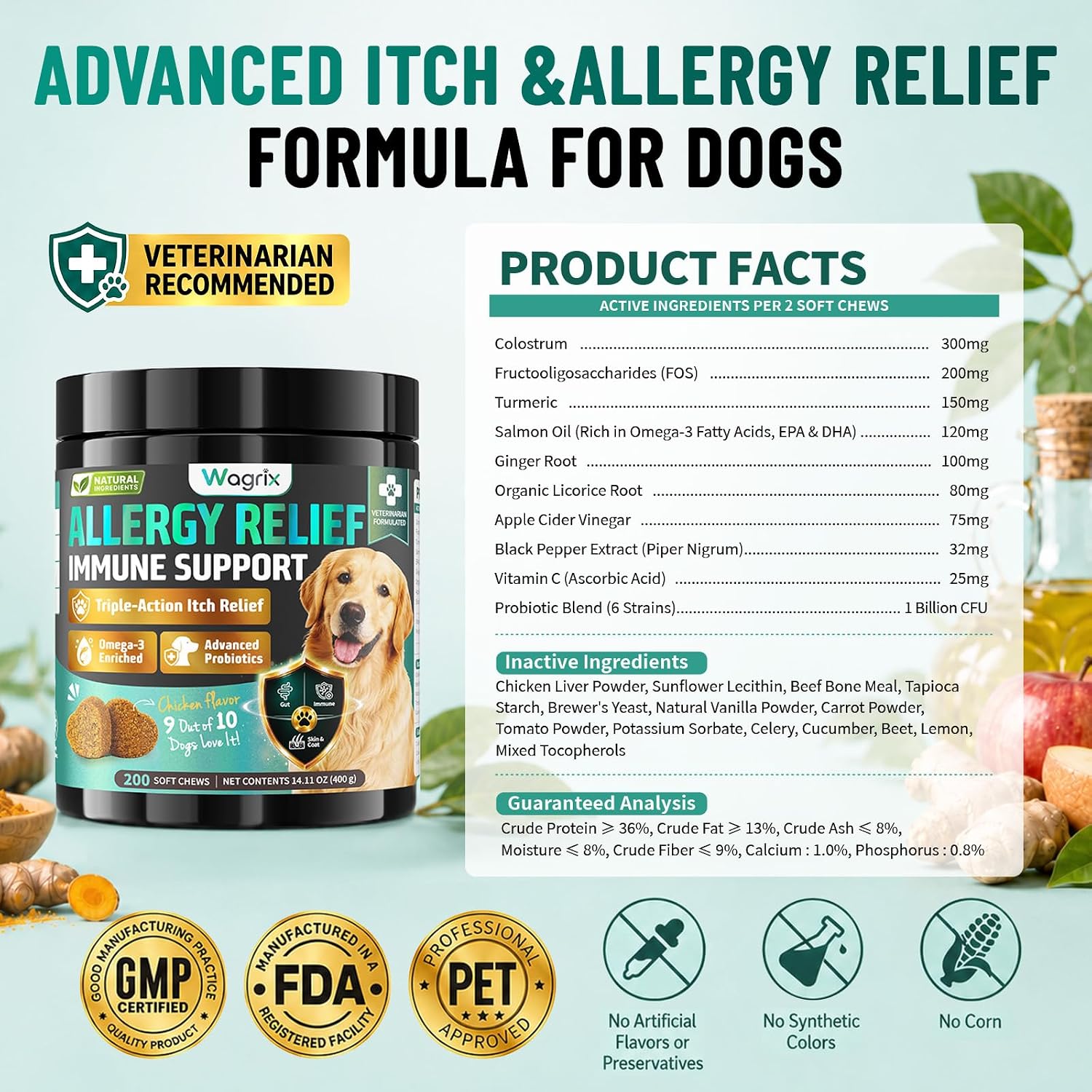 Dog Allergy Chews Omega 3 is Human, Itch Relief for Dogs Multivitamin 200ct | Premium Colostrum Probiotics, for Paw Licking, Yeast Ear, Seasonal Allergies, Immune Gut Support, All Breeds & Ages, Chicken - view 7