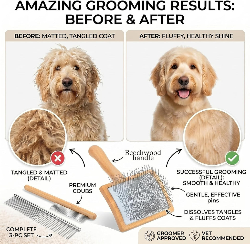 Wooden long pin slicker brush for dog, poodles & doodles long hair | grooming, fluff & detangle heavy dense wavy curly coats to easily prevent severe hair matting during shedding seasons - view 5
