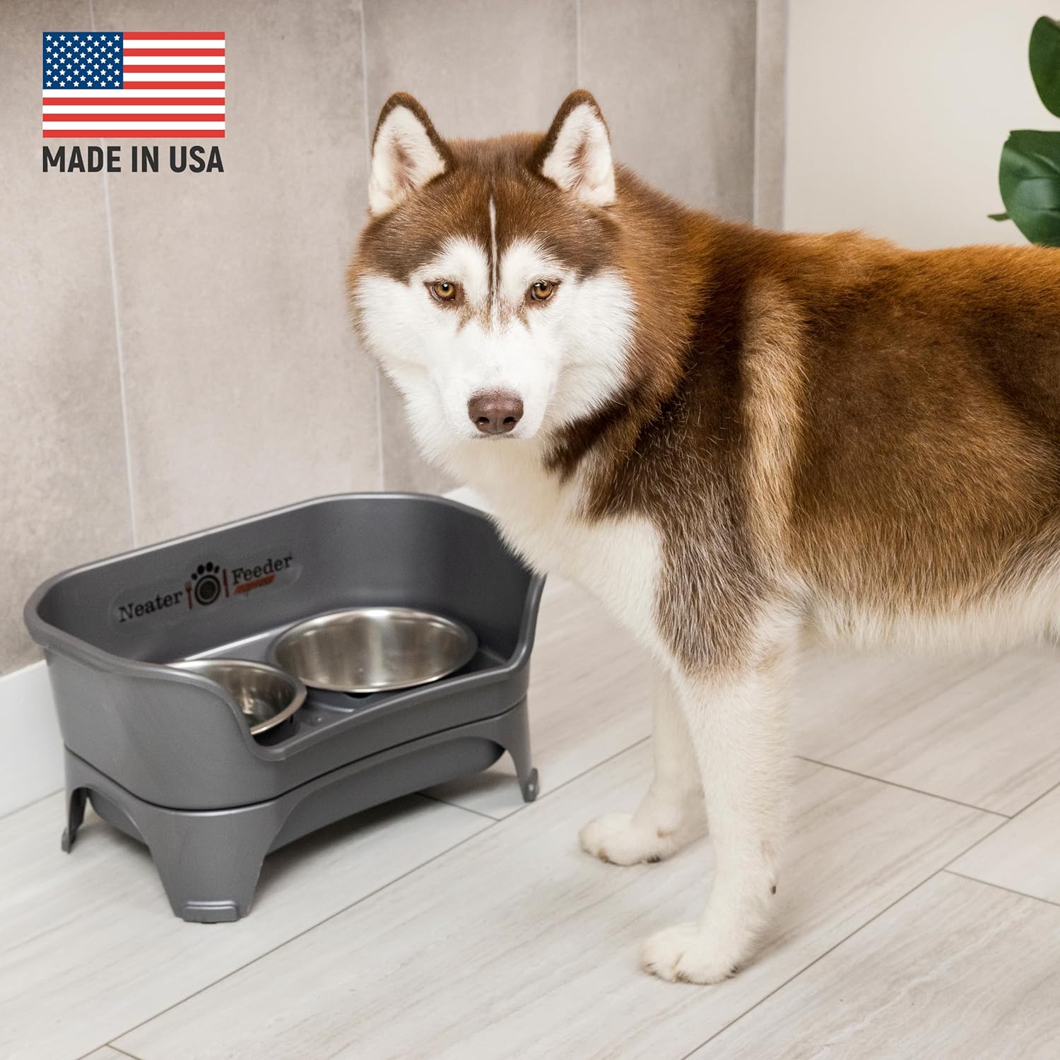 Express Mess Proof Dog Bowls Elevated for Medium to Large Sized Breed, No Spill Raised Dog Food Bowl Stand, Stainless Steel Food and Water Bowl Set, Pet Dish Feeding Station, Grey - view 2