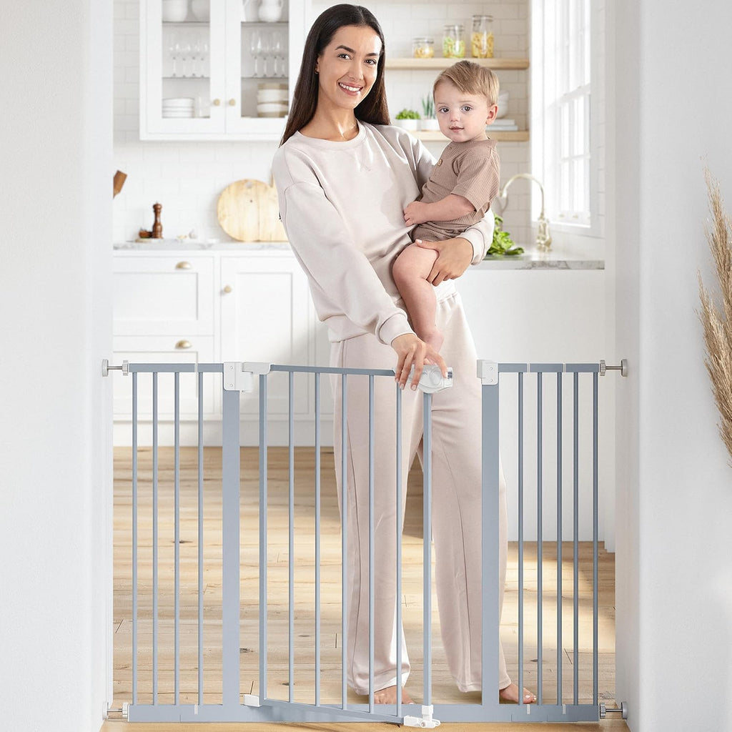 Baby Safety Gate with 3 Extensions - Adjustable 42" x 1.9" x 30" Q195 Steel Doorway Barrier - Powder-Coated Finish for Stairs and Doorways - Walk-Through Design Pet Gate - White - view 6