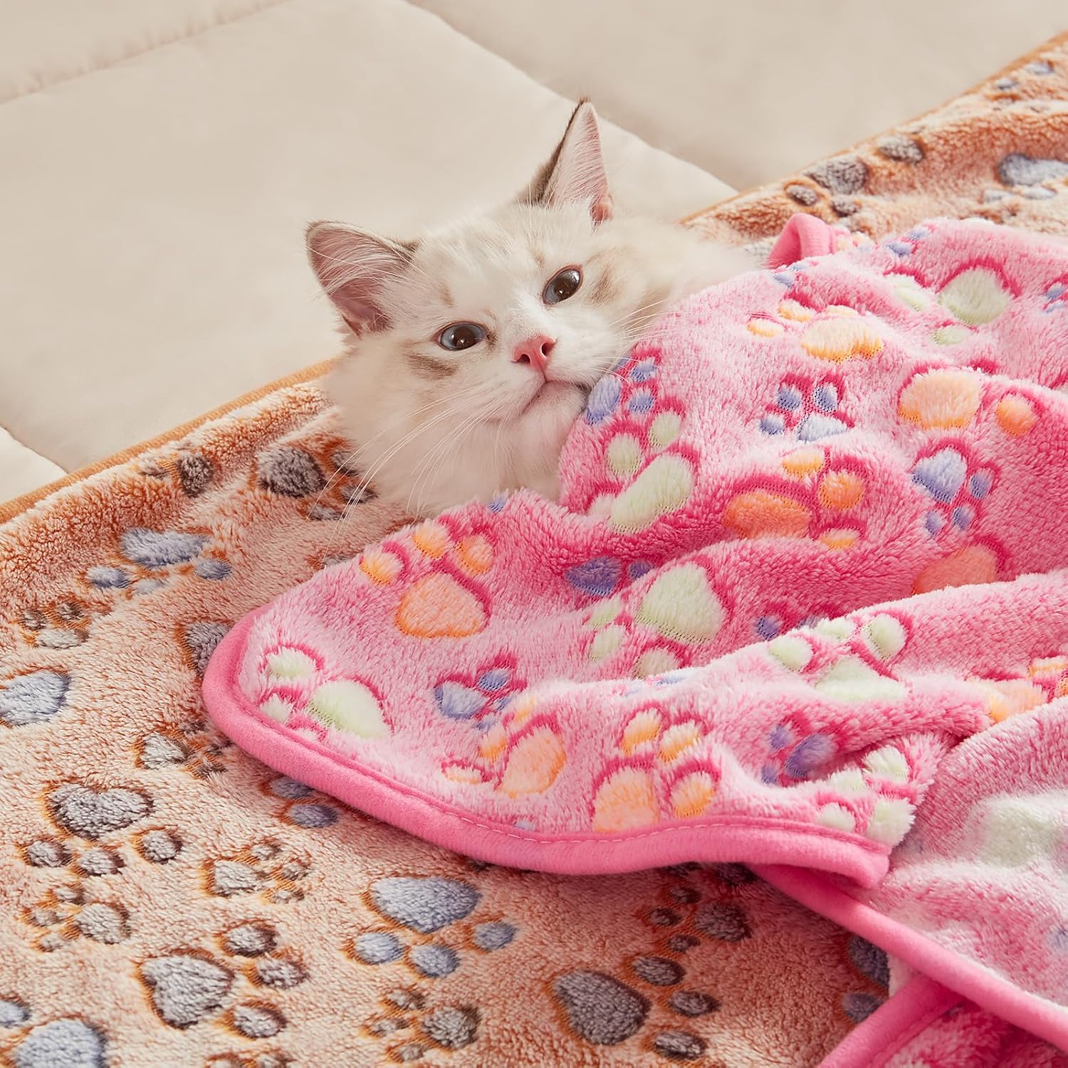 Dog blanket 3 pack, soft cozy fleece throw for puppy cat, 23"x16" | fuzzy flannel small pet blanket washable, cute paw print for crate car bed. Puppy essential, cat stuff gifts, small - view 7