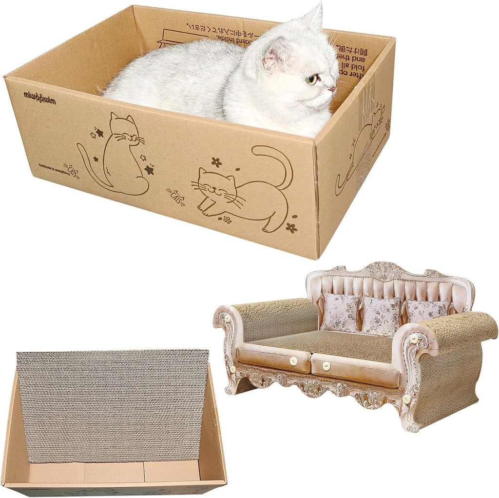 Royal Cat Scratcher Sofa & Box, Durable Cardboard Furniture Guard | Luxury 2PCS Set, 23" Unique Couch & 17.3" Cute Box with Scratch Corrugated Pad, Modern Large Lounger for Indoor Cats - view 5