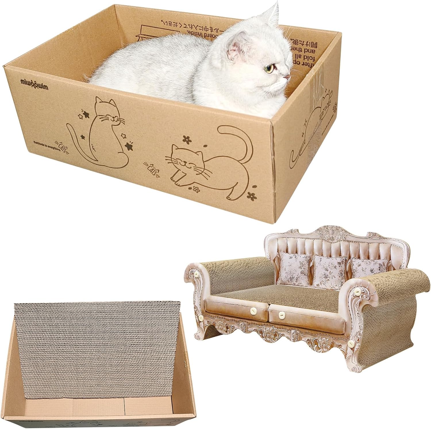 Royal Cat Scratcher Sofa & Box, Durable Cardboard Furniture Guard | Luxury 2PCS Set, 23" Unique Couch & 17.3" Cute Box with Scratch Corrugated Pad, Modern Large Lounger for Indoor Cats - view 5