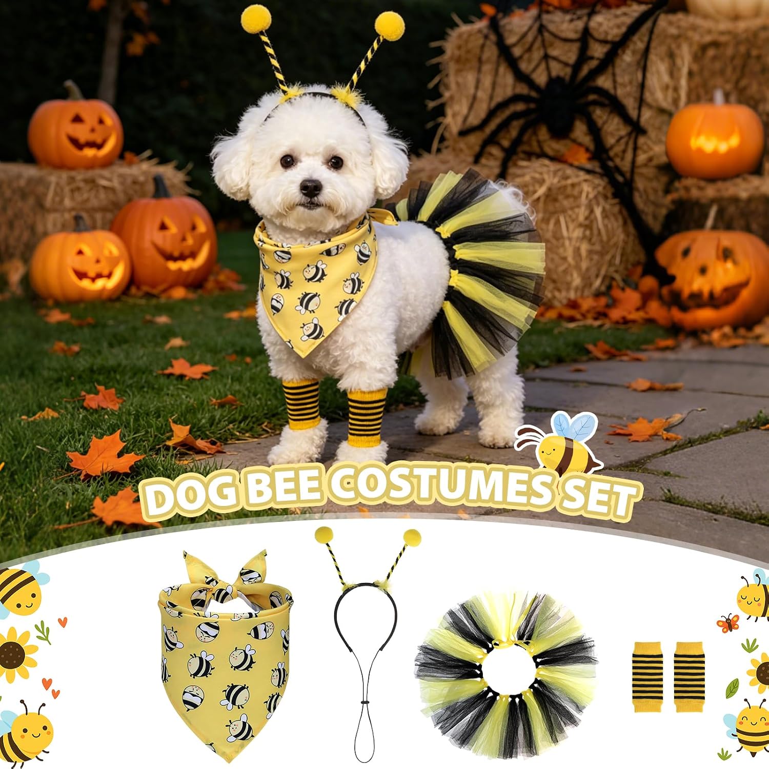 Dog Bee Costume, Bumble bee Dog Bandana Outfit with Cute Headband Tutu Skirt Leg Sleeves Set, Funny Puppy Halloween Costume Party Cosplay Accessory Supplies for Small Medium Dogs Cats - view 3