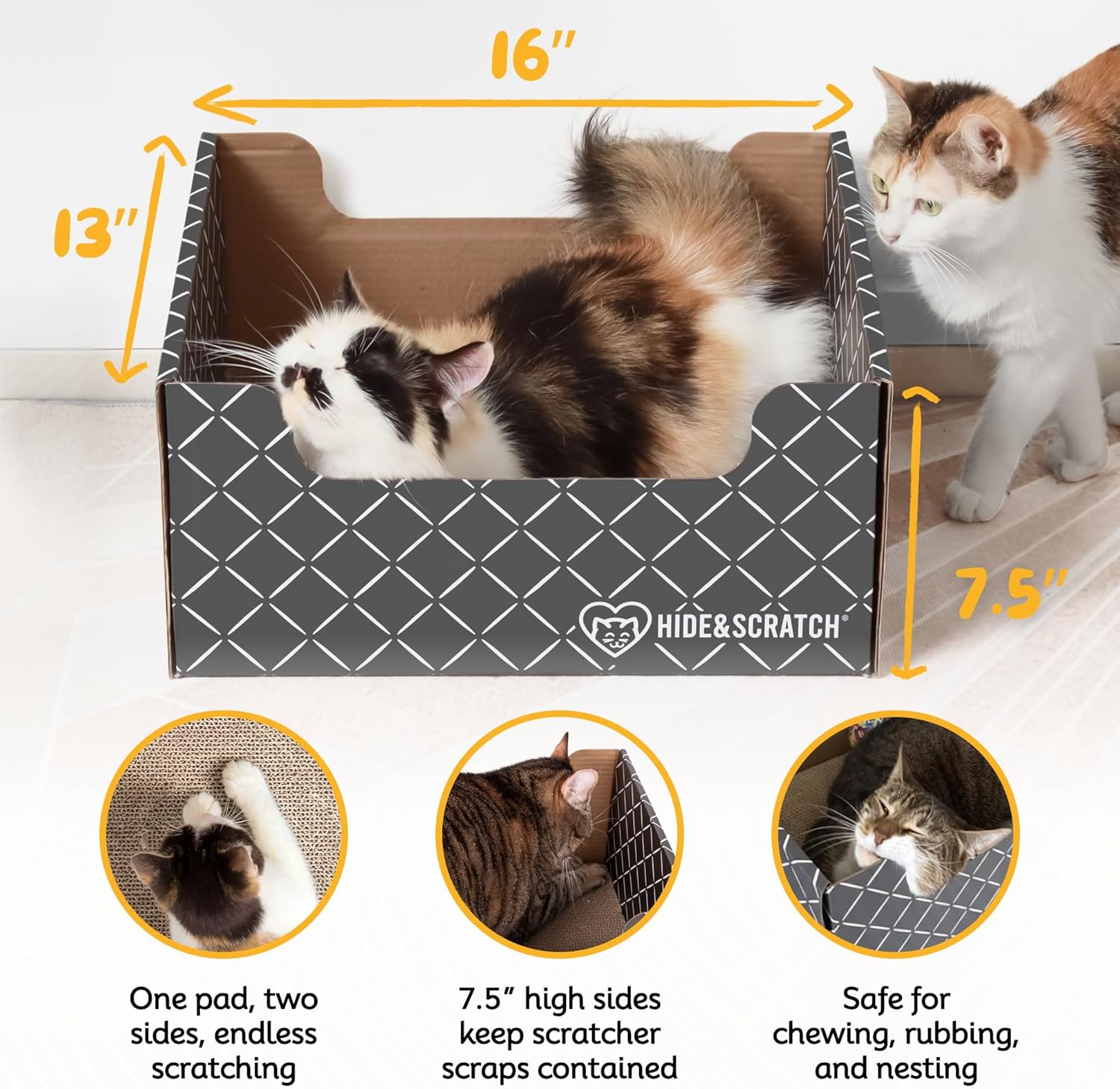 Cardboard Cat Scratcher Box & Bed - Dark Grey Diamond | Double-Sided Corrugated Pad for Indoor Cats | Refillable Scratching Board Toy for Play & Furniture Protection - view 3