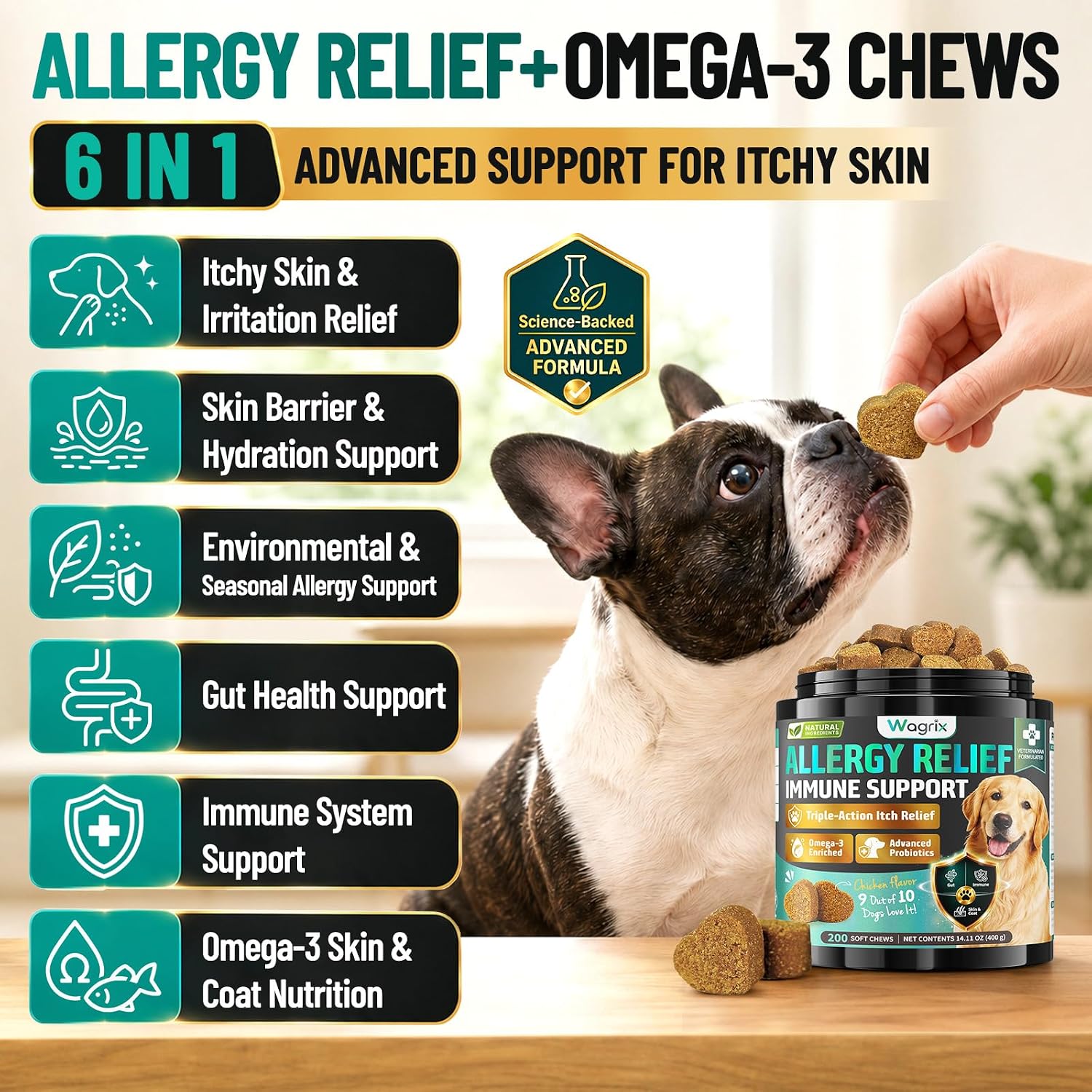 Dog Allergy Chews Omega 3 is Human, Itch Relief for Dogs Multivitamin 200ct | Premium Colostrum Probiotics, for Paw Licking, Yeast Ear, Seasonal Allergies, Immune Gut Support, All Breeds & Ages, Chicken - view 2