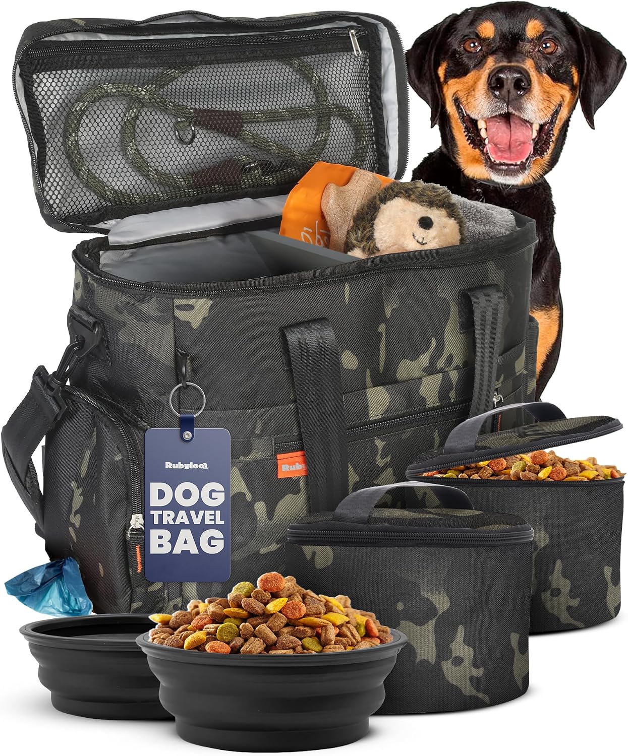 Dog travel bag for supplies with travel bowls | 2 BPA-free collapsible bowls, 2 pet food containers, TSA-ready, road trips, camping, weekend getaways, doggy gift, camo