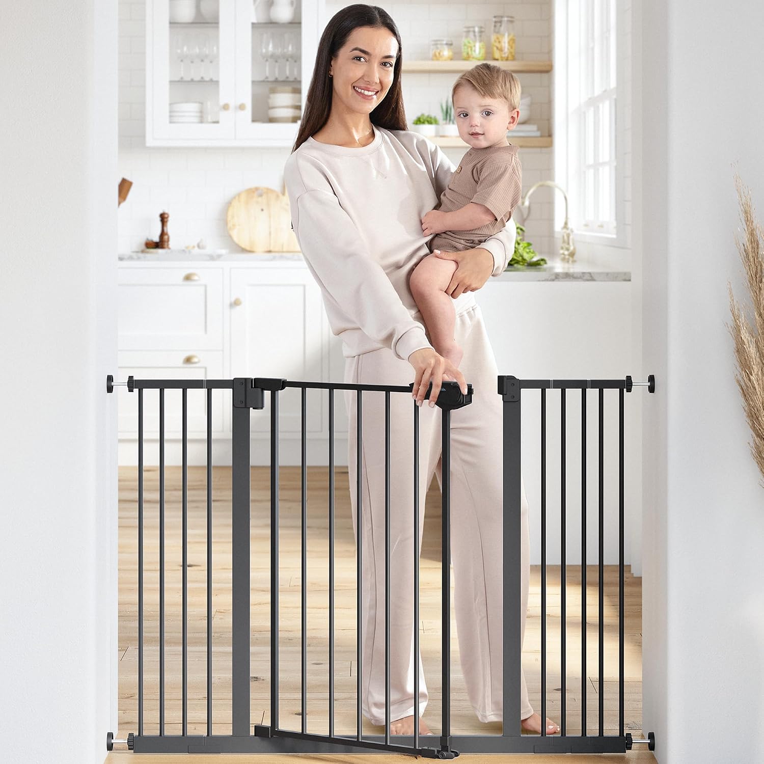 Baby Safety Gate with 3 Extensions - Adjustable 42" x 1.9" x 30" Q195 Steel Doorway Barrier - Powder-Coated Finish for Stairs and Doorways - Walk-Through Design Pet Gate - White - view 5