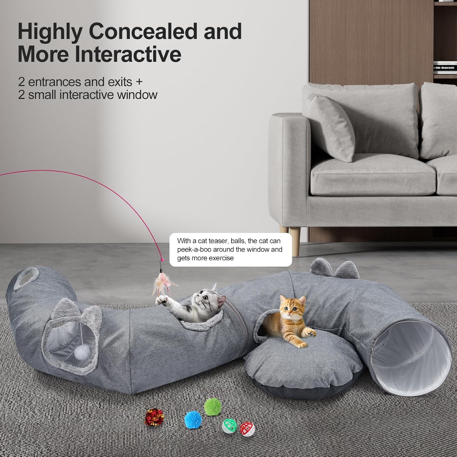 Linen cat tunnels with central cat bed, interactive cat toys detachable washable soft mat large indoor play tunnel cave for kittens and small animals - view 3