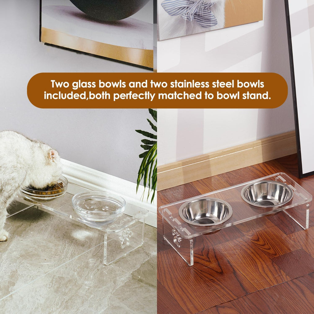 Elevated dog & cat bowls – 3.75" acrylic raised pet feeder stand with 2 stainless steel & 2 glass bowls – food & water dish set for puppy/small dogs & cats - view 3