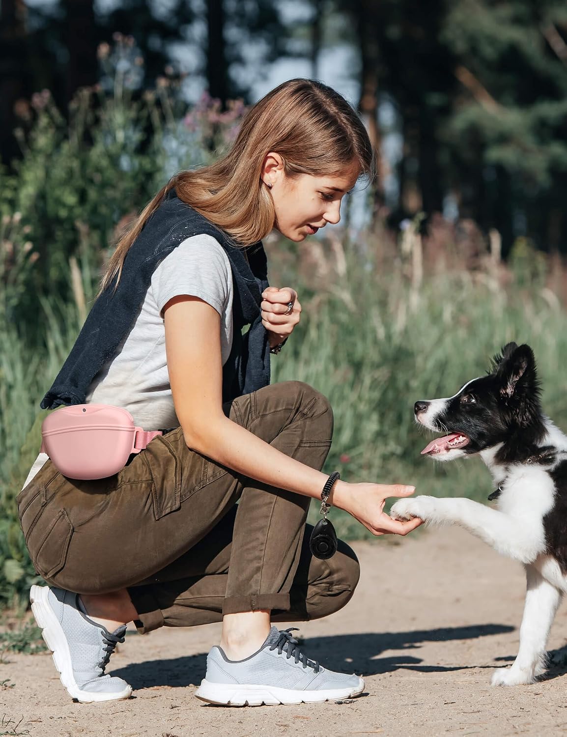 1.67 cup dog treat pouch with training clicker (pink) | magnetic closure, silicone bag with waist belt for pet training & walking, easy one-hand treat access - view 3
