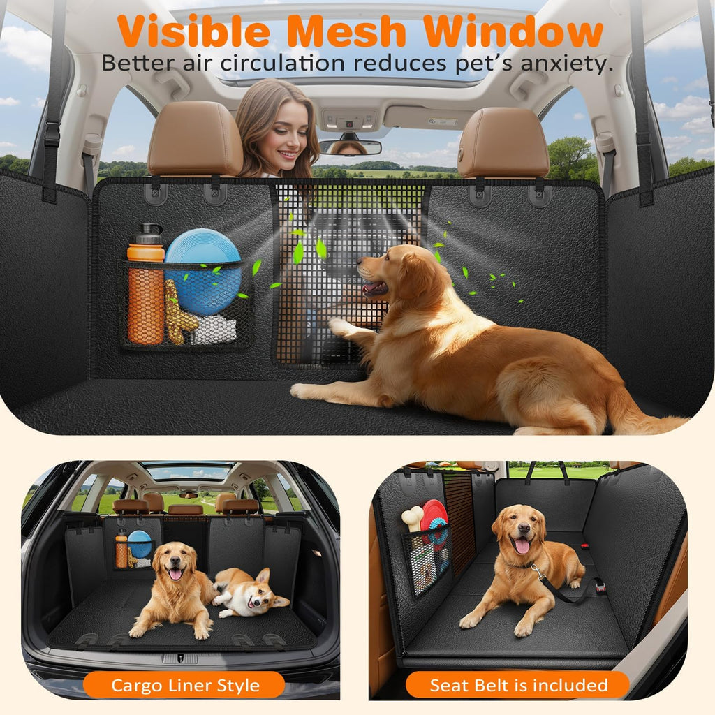 Hard Bottom Dog Car Seat Cover for Back Seat, Waterproof Hammock | 400 lbs Support, 45% More Space, PU Leather, Waterproof, Scratch Resistant, Non-Slip, Mesh Window, Dog Seat Belt Included - view 4
