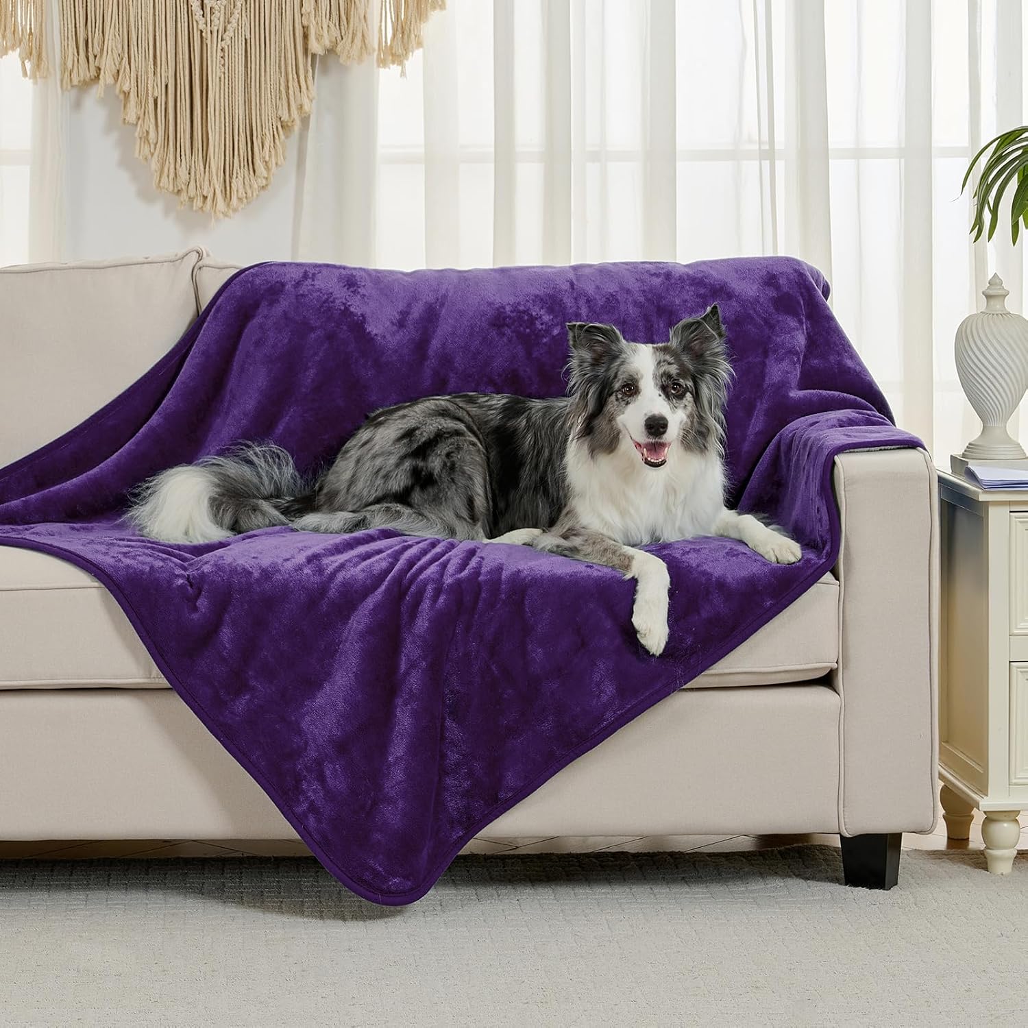 Waterproof blanket for bed couch sofa, soft liquid pee proof pet blanket for dog puppy cat, reversible sherpa fleece furniture protector (dark purple, 50x60 inches) - view 2