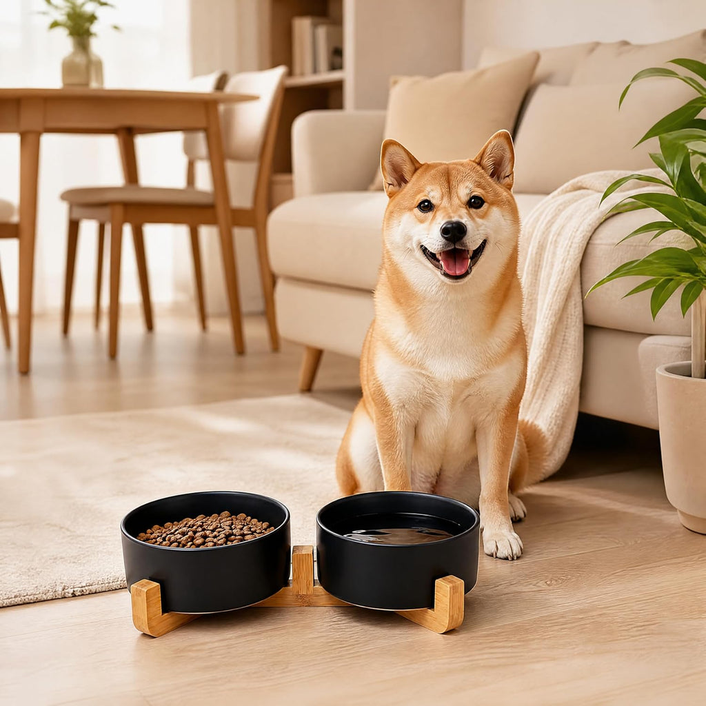 Ceramic Dog Cat Bowls Set with Stand,Black Pet Food and Water Bowl,Small Dog Bowls Cute Modern Anti Slip Set of 2 Pet Feeder Small Size Pet Dish(13.5OZ/5.1 in) - view 7