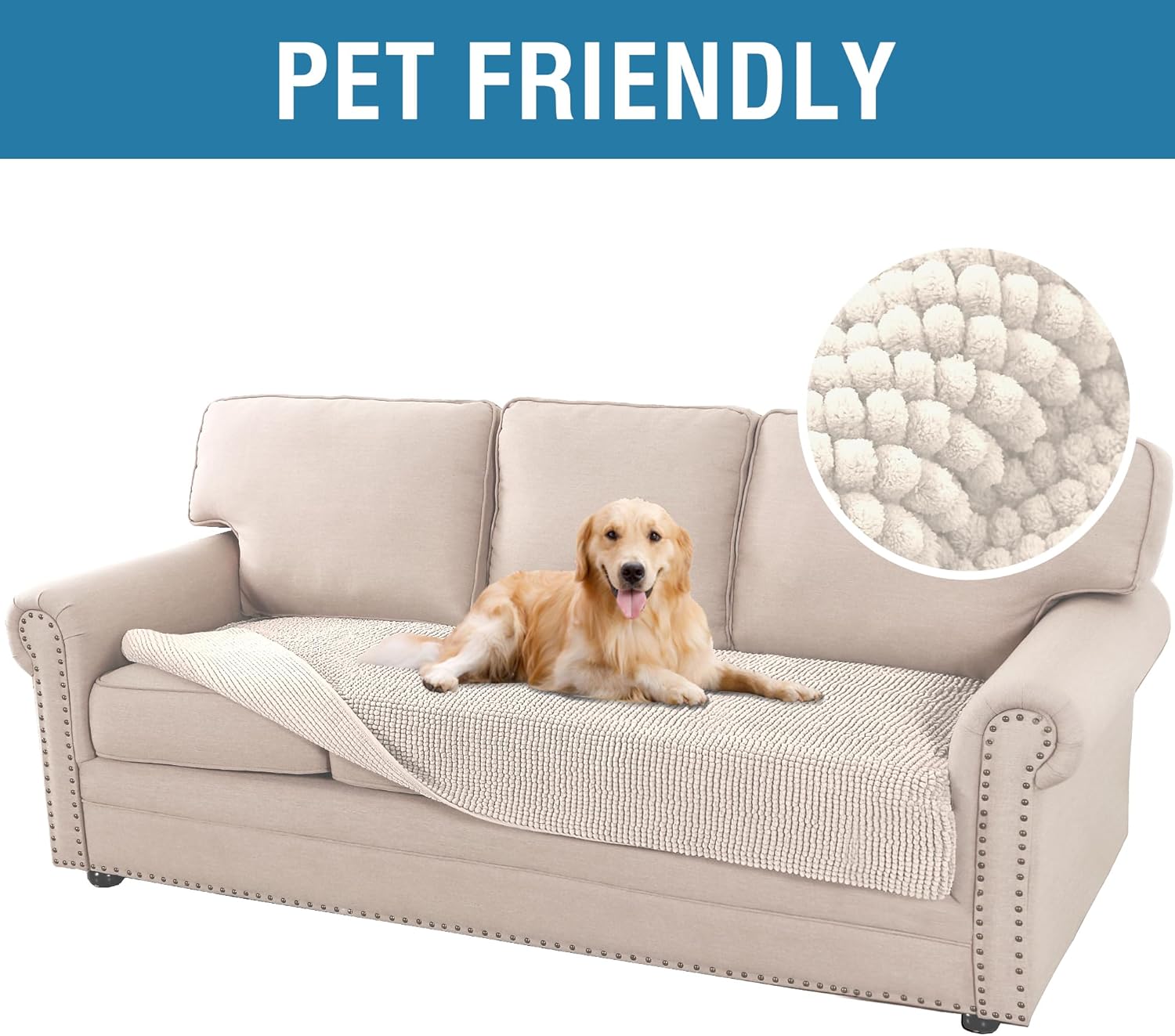 Plush Chenille Dog Bed Cover Thick Soft Sofa Cover for 3 Cushion Couch Anti Slip Couch Cover Furniture Protector for Dog, Pet, Cat (35" x 82", Ivory) - view 2