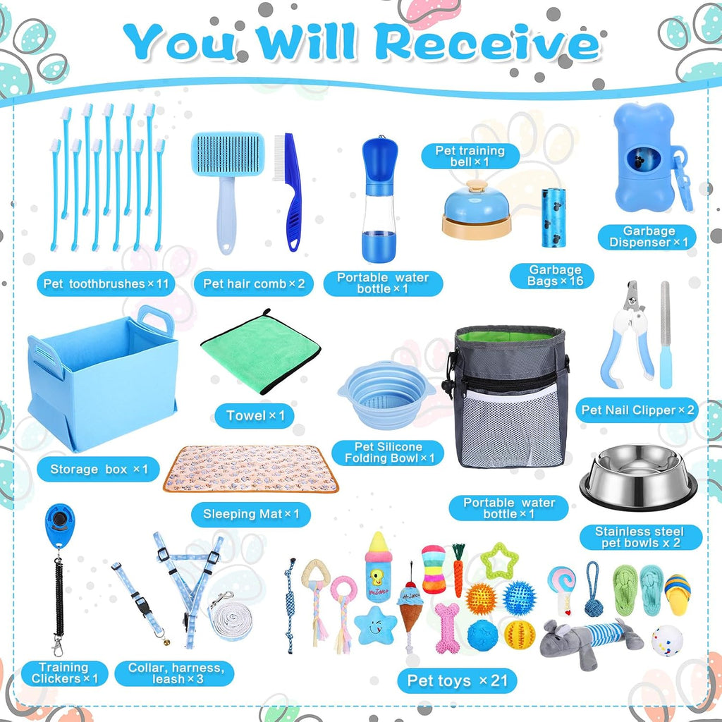 65 pcs puppy supplies starter kit small dog essentials includes dog leash, toys, bowl, brushes, water bottles, pet blankets puppy accessories for new welcome gift supplies (cool, blue) - view 3
