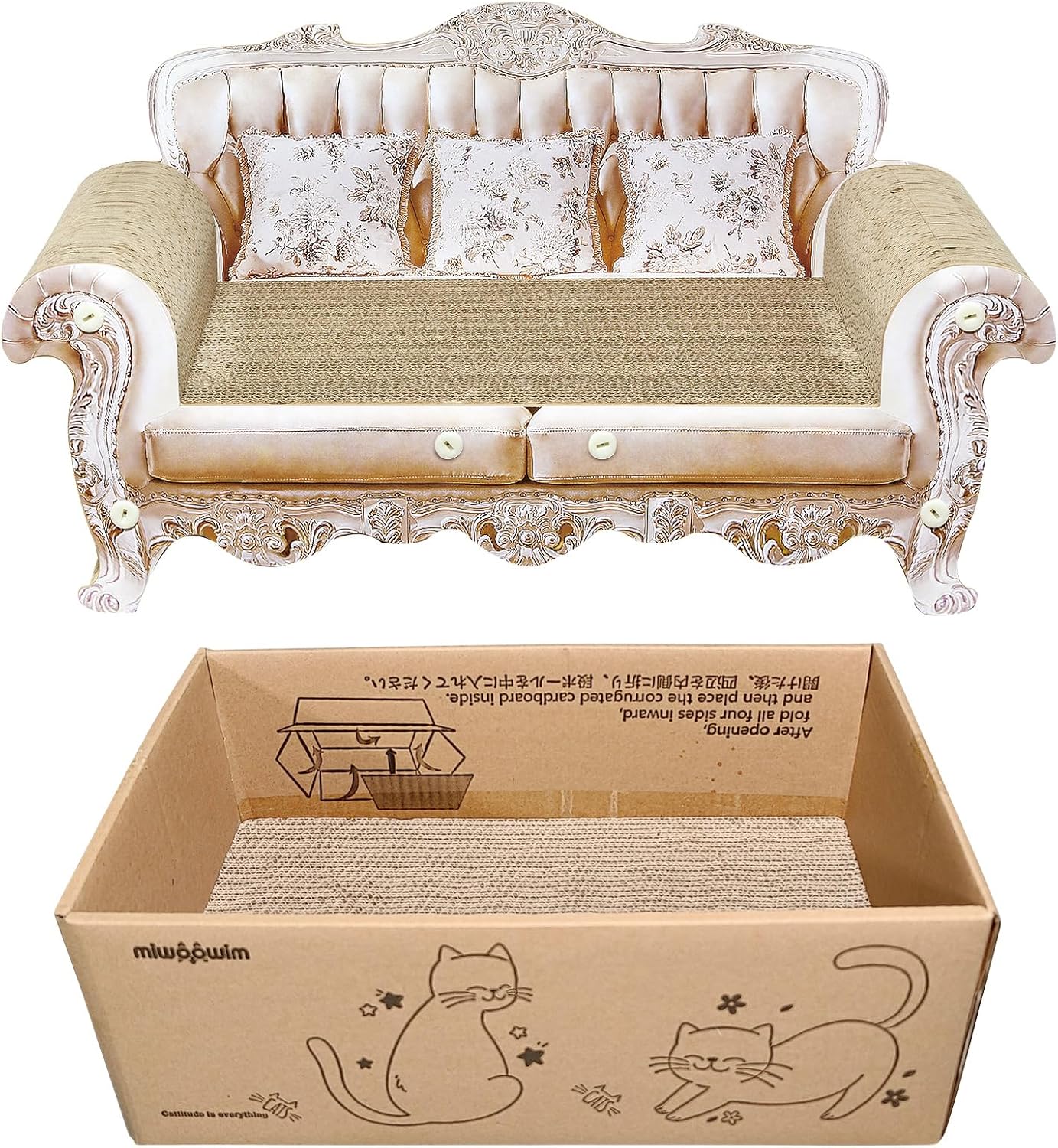 Royal Cat Scratcher Sofa & Box, Durable Cardboard Furniture Guard | Luxury 2PCS Set, 23" Unique Couch & 17.3" Cute Box with Scratch Corrugated Pad, Modern Large Lounger for Indoor Cats - view 4