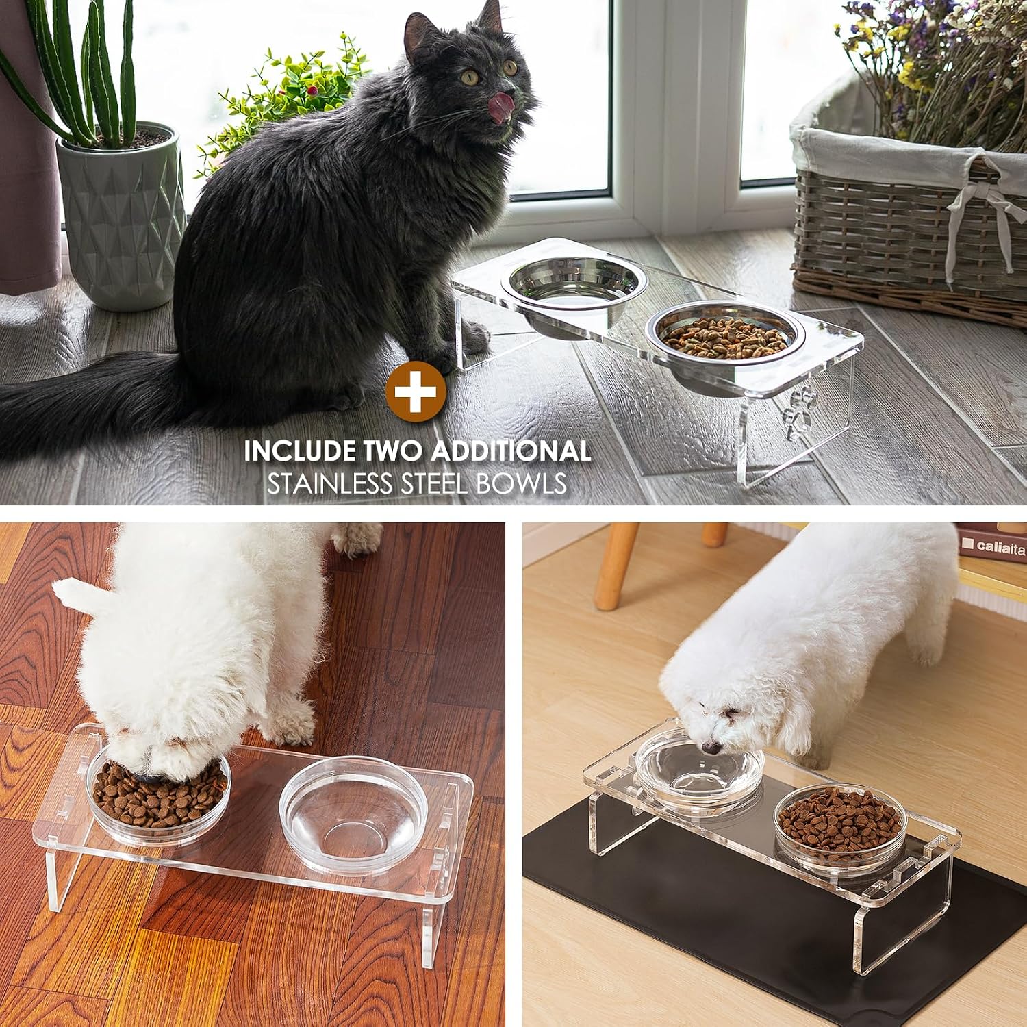 Elevated dog & cat bowls – 3.75" acrylic raised pet feeder stand with 2 stainless steel & 2 glass bowls – food & water dish set for puppy/small dogs & cats - view 7