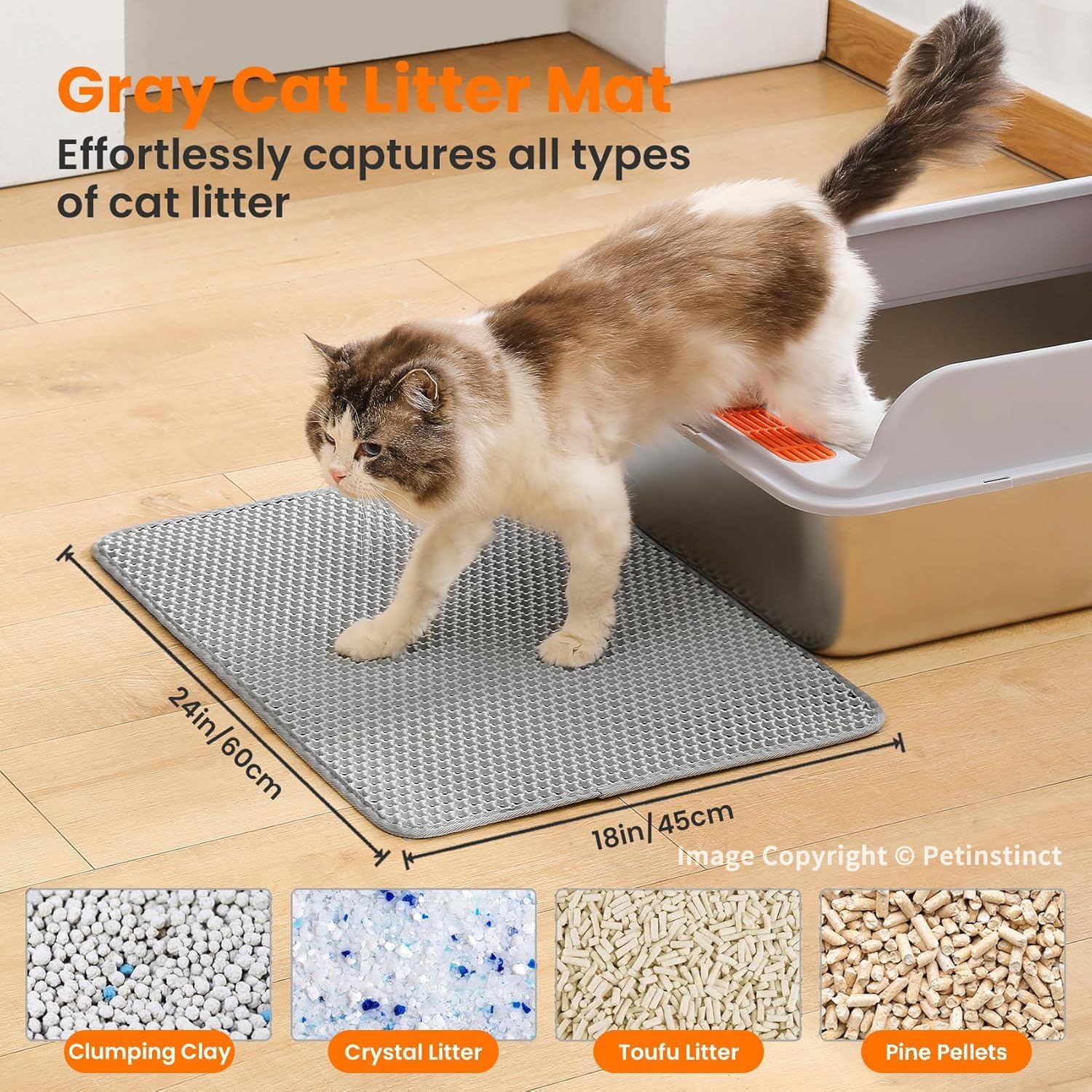 Cat litter mat, double layer honeycomb litter box mat | 24x18", efficient litter trapping, easy to clean, waterproof, non-slip, soft on paws, scratch resistant, gray, large - view 2