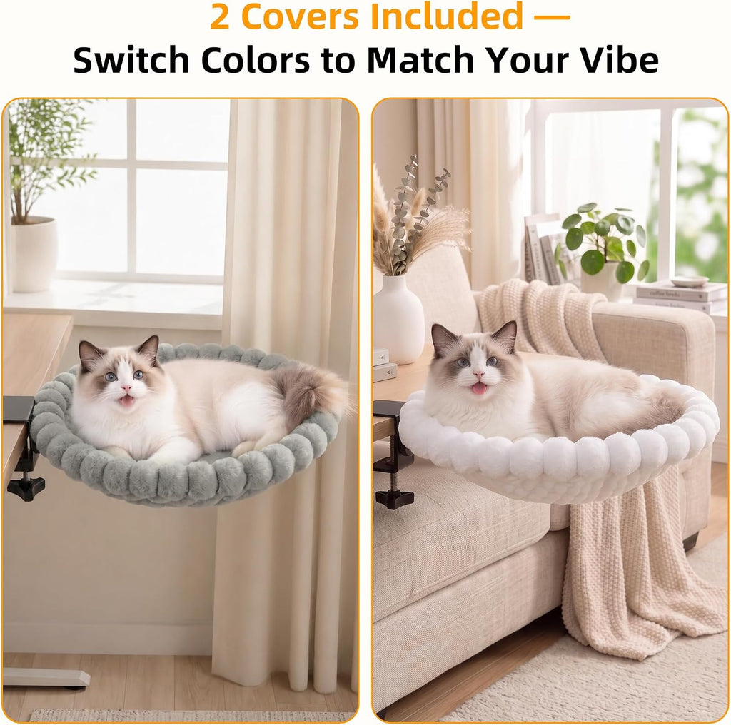 Desk Cat Bed with 2 Washable Covers (Gray & White Set), Space Saving Clamp-On Cat Perch Hammock for Desk Side, Heavy Duty Metal Frame Cat Lounge Seat for Indoor Cats, Fits Most Desks - view 2