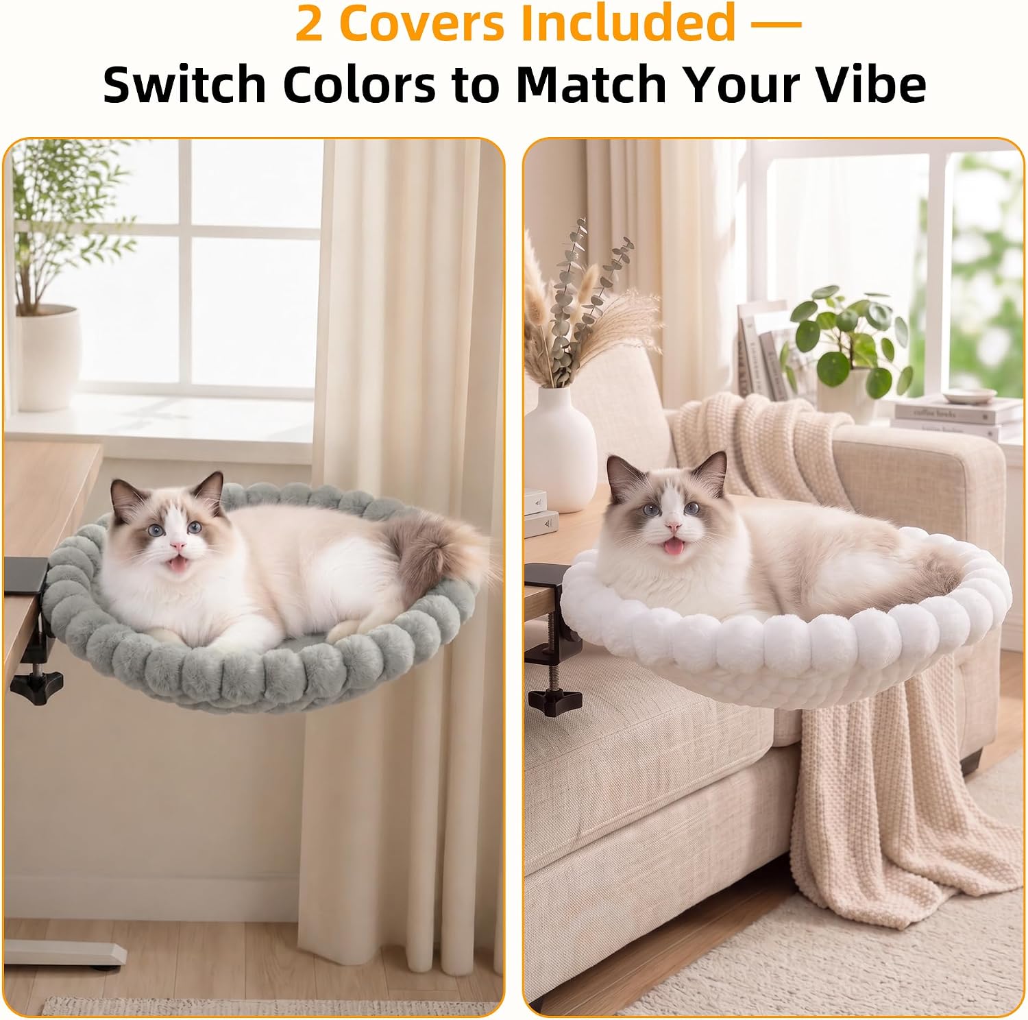 Desk Cat Bed with 2 Washable Covers (Gray & White Set), Space Saving Clamp-On Cat Perch Hammock for Desk Side, Heavy Duty Metal Frame Cat Lounge Seat for Indoor Cats, Fits Most Desks - view 2