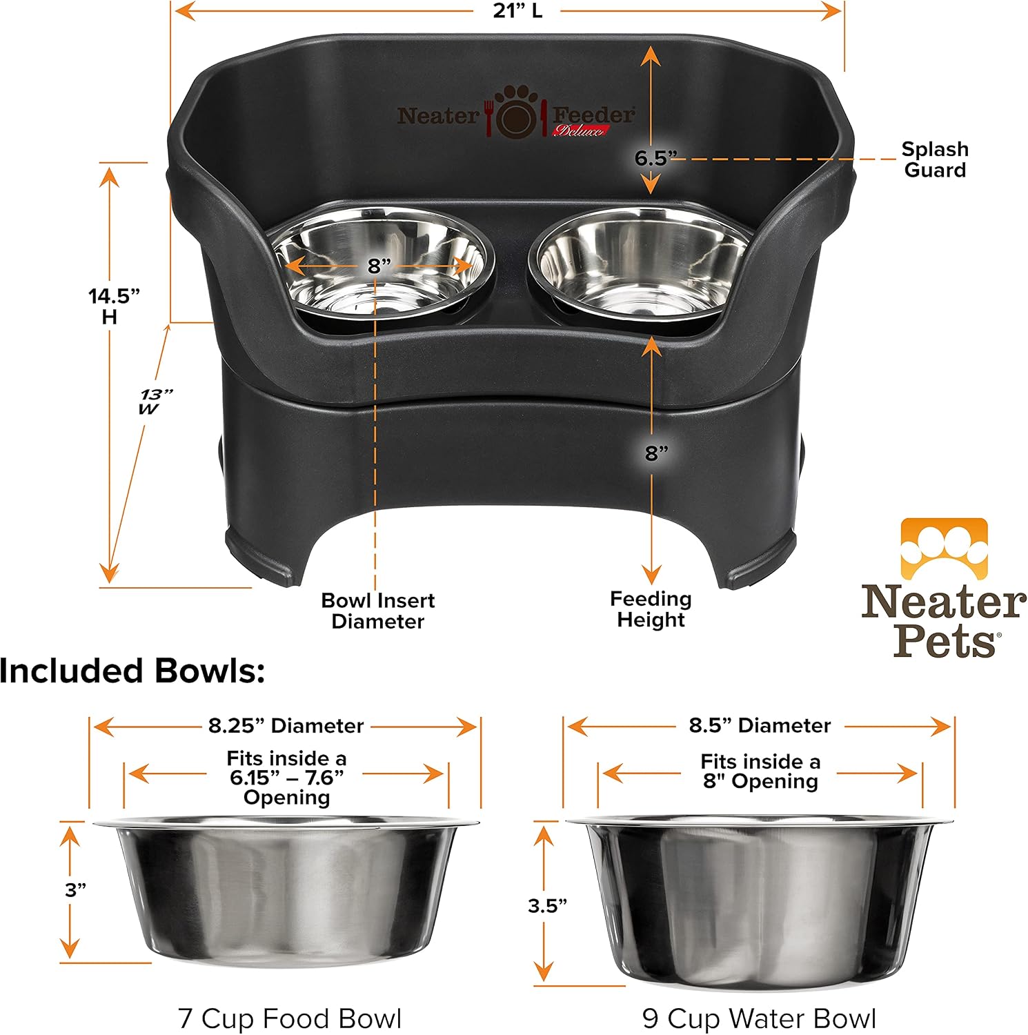 Neater Feeder Deluxe Mess Proof Dog Bowls Elevated for Large Dogs Over 40 lbs, Made in USA, No Spill Raised Dog Food Bowl Stand Feeding Station, Food and Water Bowl Set, Black - view 7