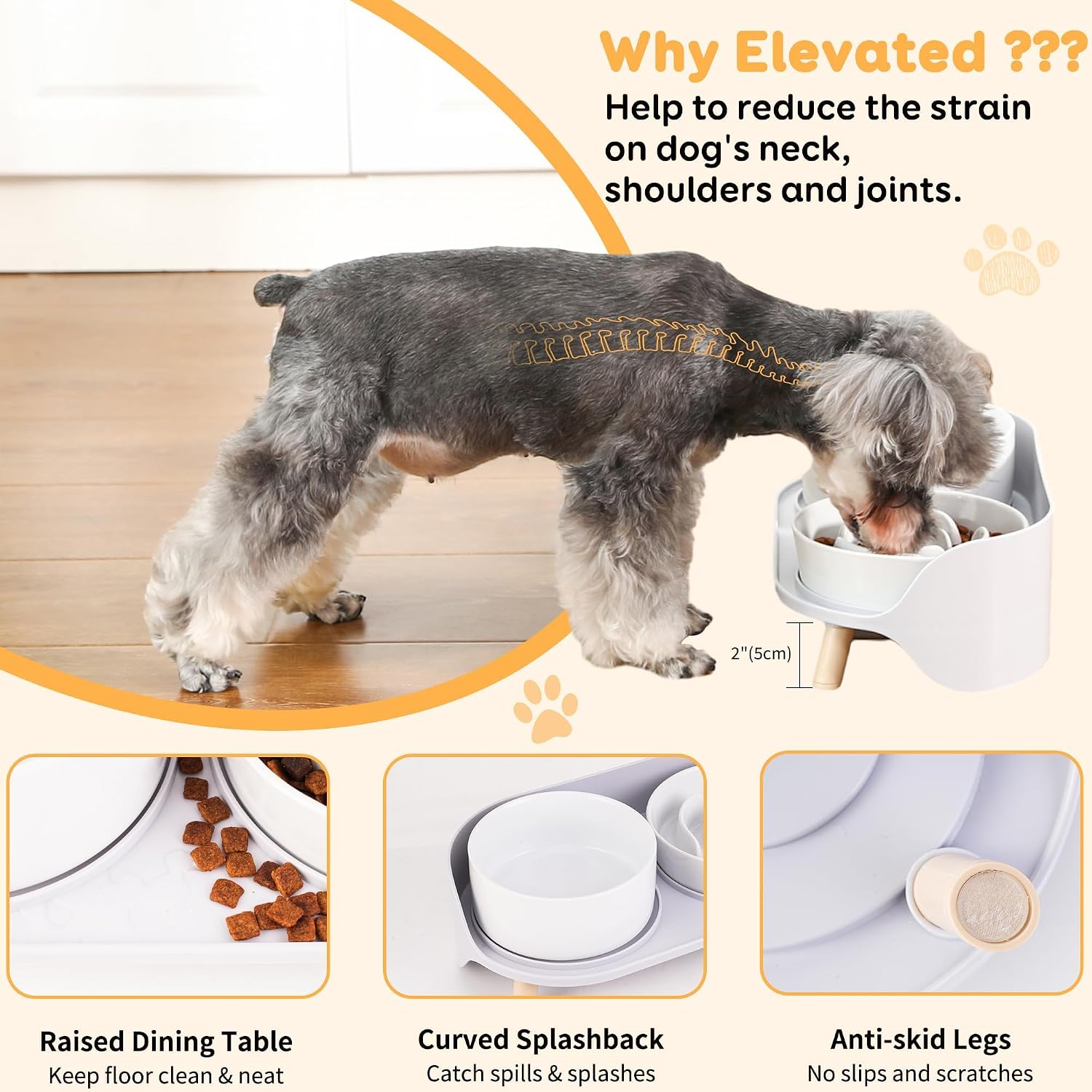 Elevated slow feeder dog bowls with splash proof stand, slow eating 5X | 6.5″ dog slow feeding bowls & 6.1″ dog food dish, non-slip raised food and water bowl set for small and medium breeds, white - view 3