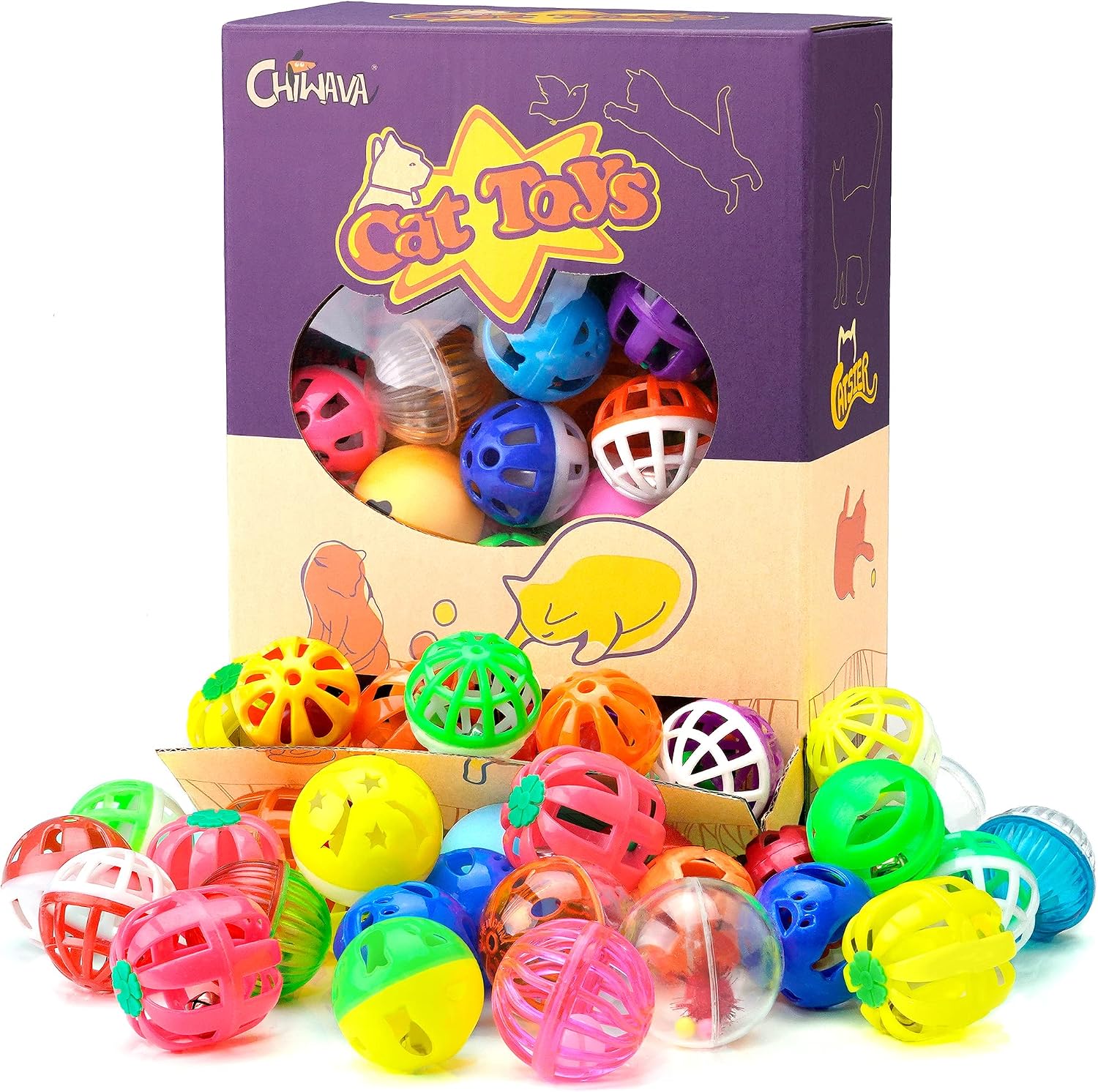 48PCS Plastic Noisy Cat Toy Ball with Bell Kitten Chase Toys 8 Type | Jingle Balls Kitten Chase Pounce Play,Cats Interactive Toy,Lightweight Indoor Exercise Plays, Assorted Color Size - view 2