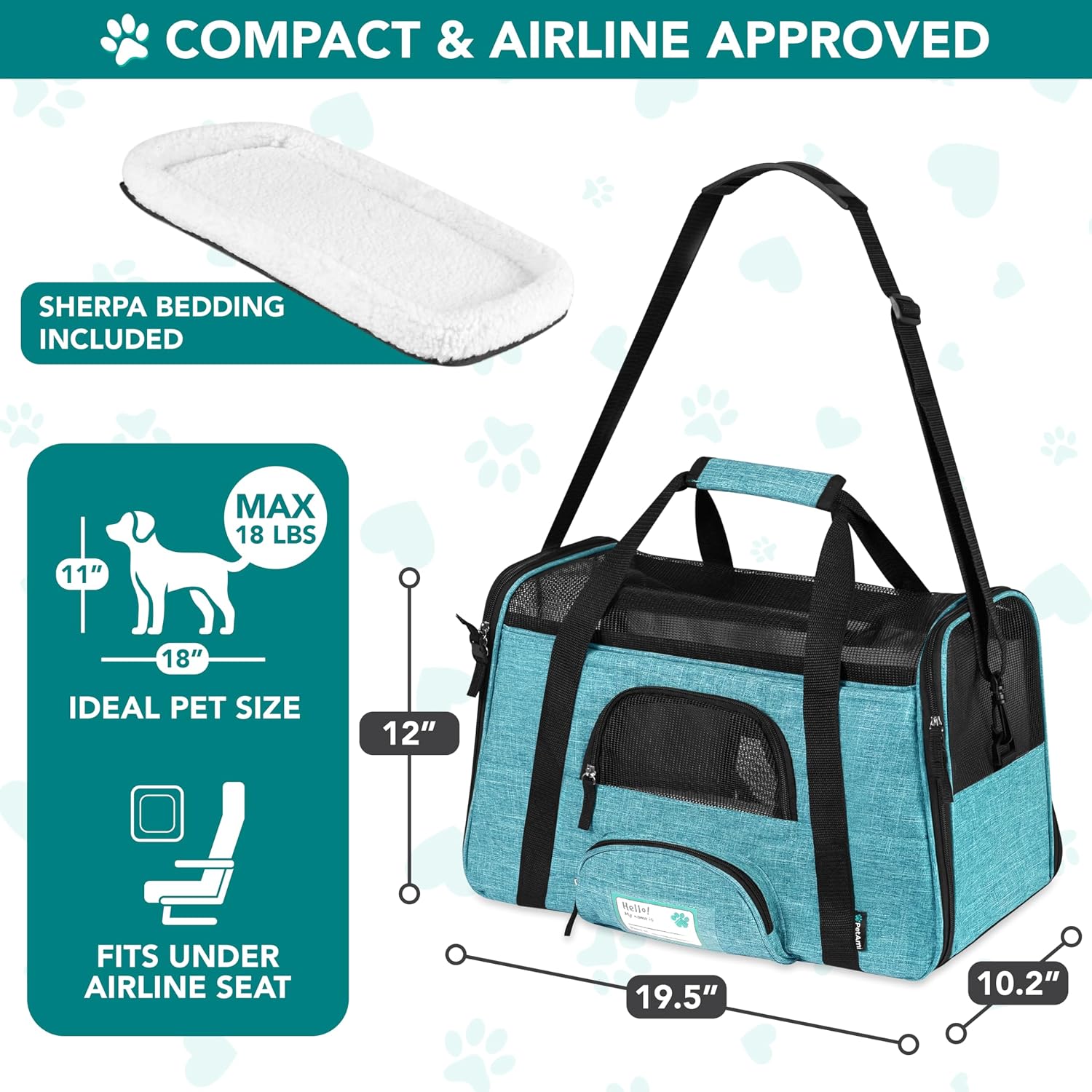 Airline Approved Pet Carrier for Cats & Small Dogs, Soft Sided TSA Travel Carrier Bag Sherpa Bed, Breathable Mesh Ventilation, Collapsible Bowl, Fit Under Seat, Up to 18 lbs, Large Heather Blue - view 2