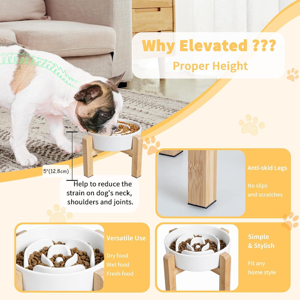 Elevated slow feeder dog bowl, 6.7" ceramic maze dog bowl with stand | 1.5 cups slow feeding dog dish for fast eaters, 5" tall anti-slip raised slow feeder for small and medium breeds, white - view 4