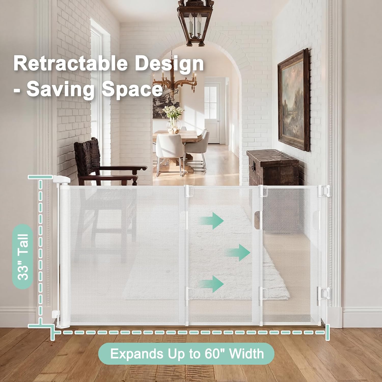 Retractable Baby Gates for Doorways & Stairs, Indoor/Outdoor Mesh Dog Gate for Dogs, Puppies, Infants, Toddlers, Babies, Children, Kids, 33" Tall Expands Up to 60" Width, Safety Retractable Pet Gate - view 4