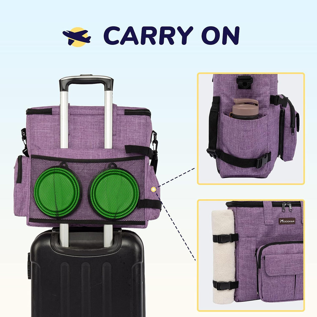 Dog Travel Organizer Carriers for Supplies & Accessories, Airline Approved Cat Pet Travel Bag, 2 Collapsible Bowls, 2 Travel Dog Food Container, Purple | Dog travel accessories set with feeding supplies, bowls, mat, and strap. Ideal for weekend trips. - view 5