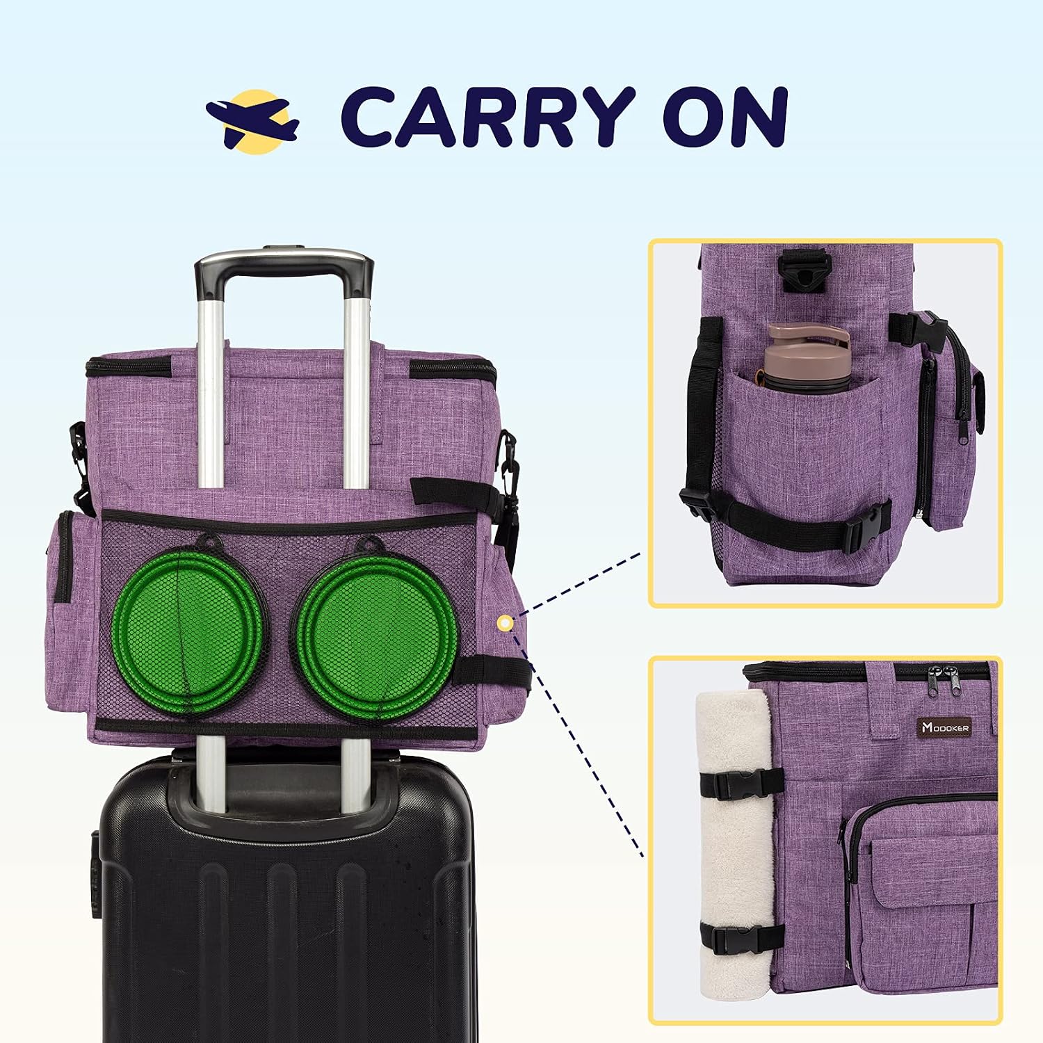 Dog Travel Organizer Carriers for Supplies & Accessories, Airline Approved Cat Pet Travel Bag, 2 Collapsible Bowls, 2 Travel Dog Food Container, Purple | Dog travel accessories set with feeding supplies, bowls, mat, and strap. Ideal for weekend trips. - view 5