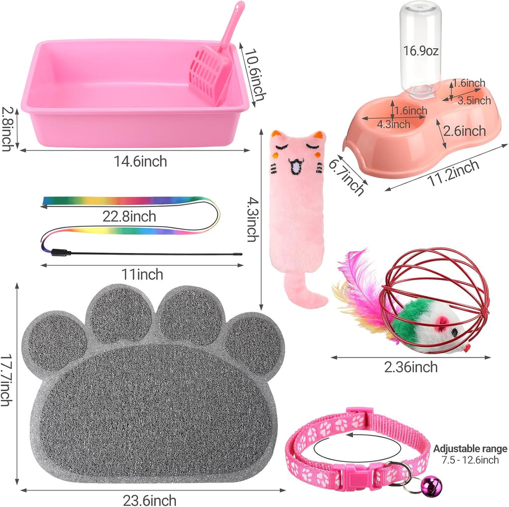 7 pcs small cat kitten starter kit - litter box, paw mat, double bowls, toy teaser stick, collar - essentials kit for 1-3 lbs beginner (pink) - view 2