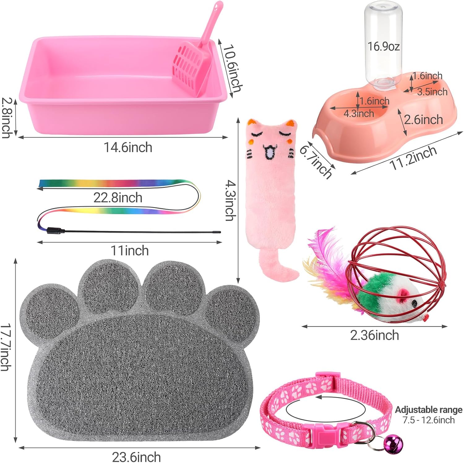 7 pcs small cat kitten starter kit - litter box, paw mat, double bowls, toy teaser stick, collar - essentials kit for 1-3 lbs beginner (pink) - view 2