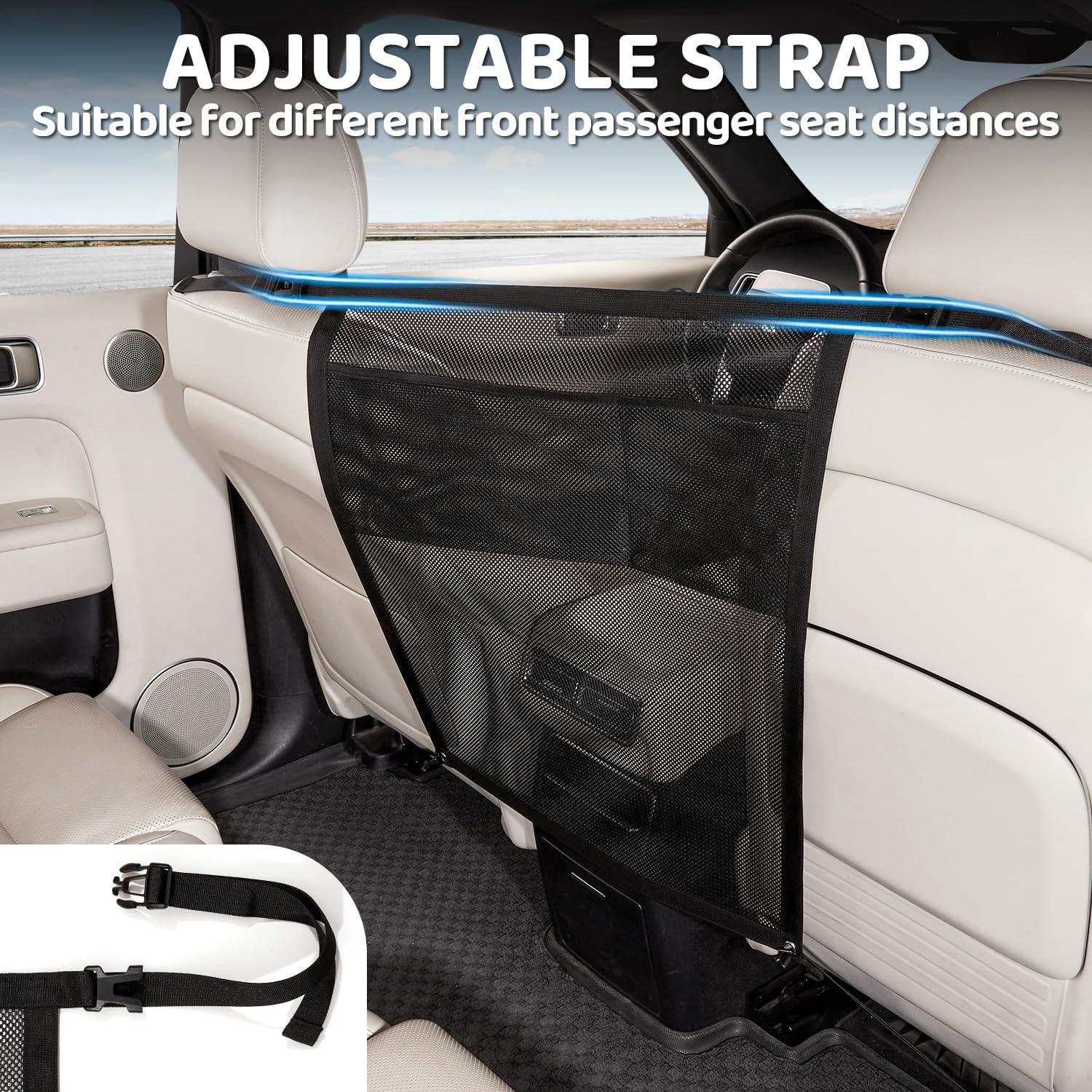 Dog Car Barrier,Dog Net for Car,Pet Divider Barrier for Car/SUV/Truck | with Mesh Organizer,Large Barrier Area,Adjustable Straps,Sturdy Easy to Install, Scratch-Resistant,Keep Dogs in Back Seat - view 4