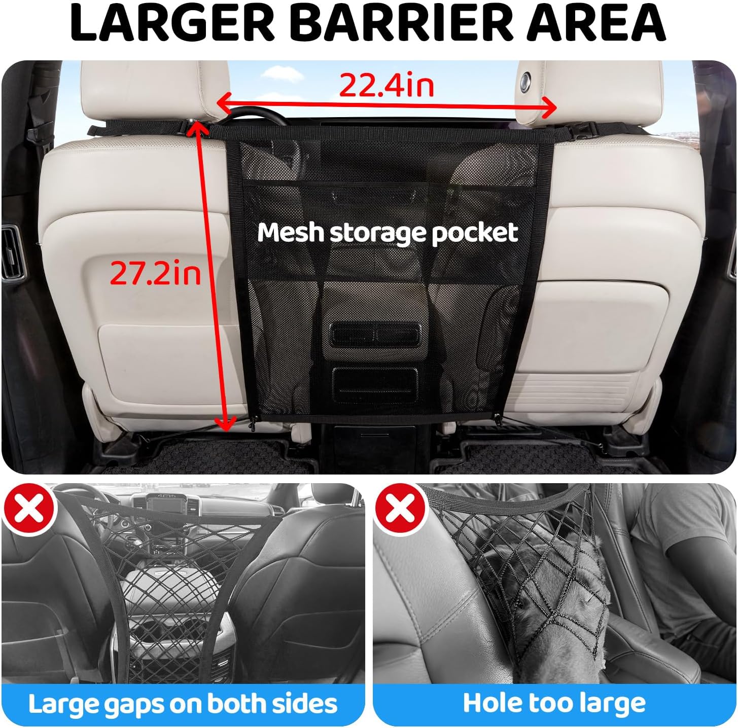 Dog Car Barrier,Dog Net for Car,Pet Divider Barrier for Car/SUV/Truck | with Mesh Organizer,Large Barrier Area,Adjustable Straps,Sturdy Easy to Install, Scratch-Resistant,Keep Dogs in Back Seat - view 2