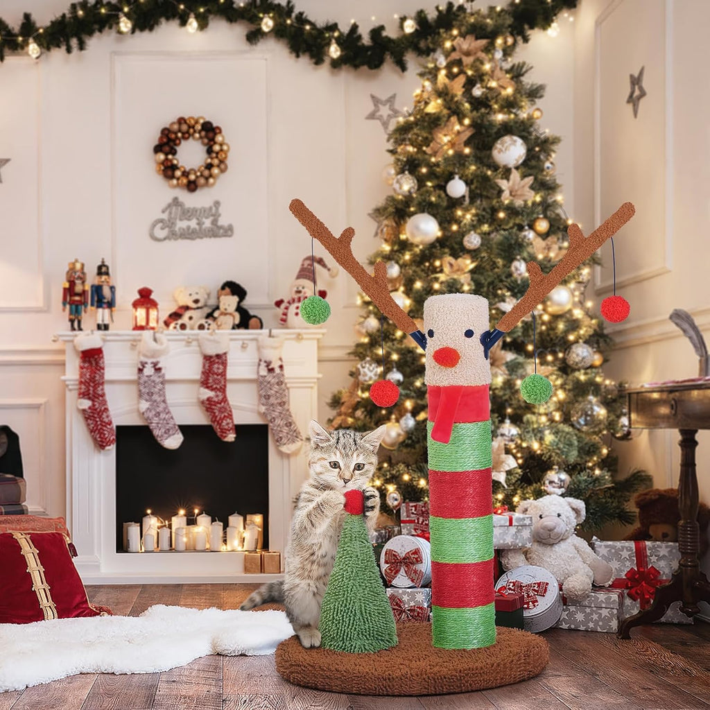 Christmas Cat Scratching Post Deer Cat Trees for Adult Cats Scratcher Cute Toy Kitten Kitty Sisal Scratch with Teaser Ball Indoor 25 inch - view 7