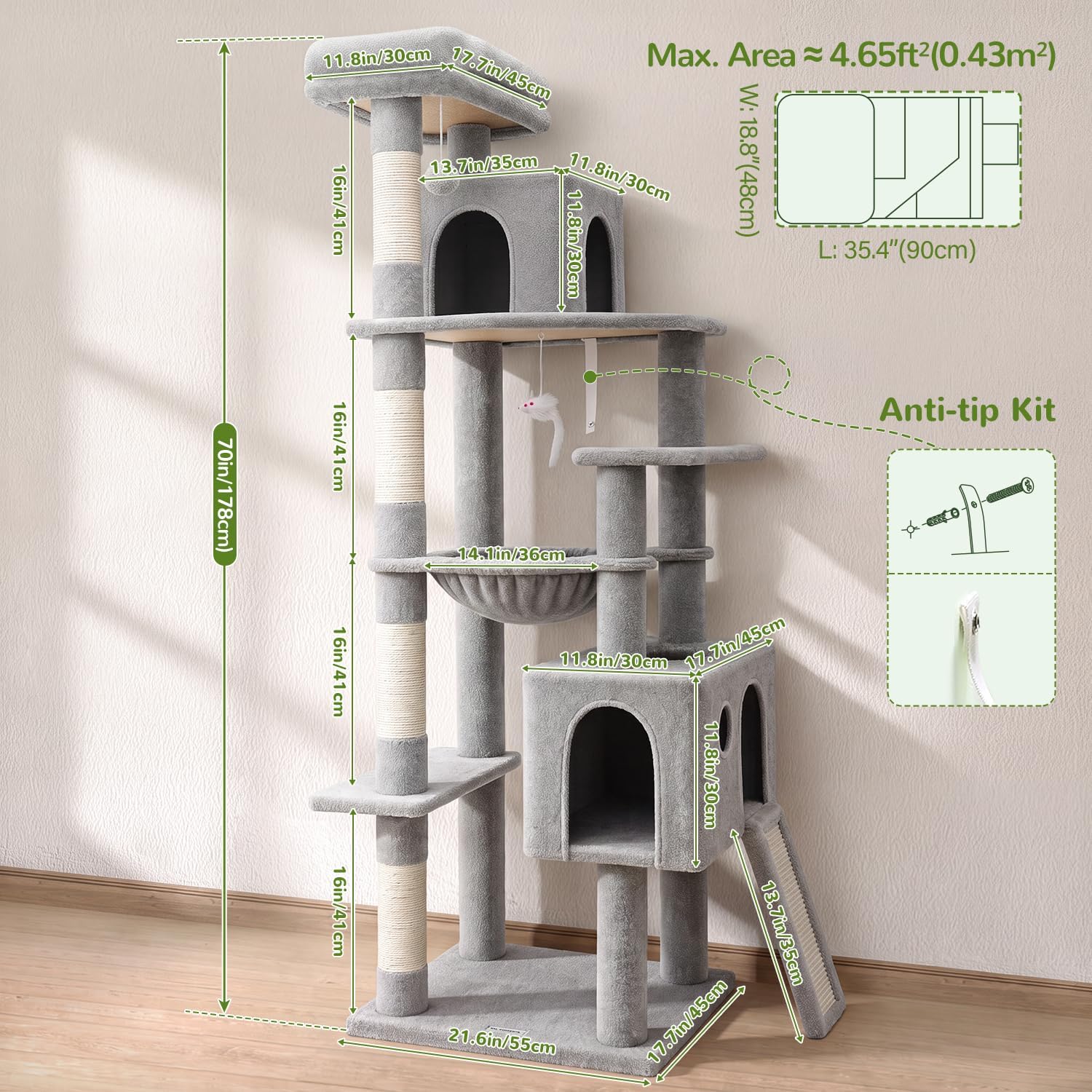 Heavy Duty Cat Tree, 70 inch Sturdy Cat Tree for Indoor Cats Extra Large Cat Tower with Scratching Post, Hammock, Cat Condo for Adult Cats Kittens, F70 Pro, Light Grey - view 6