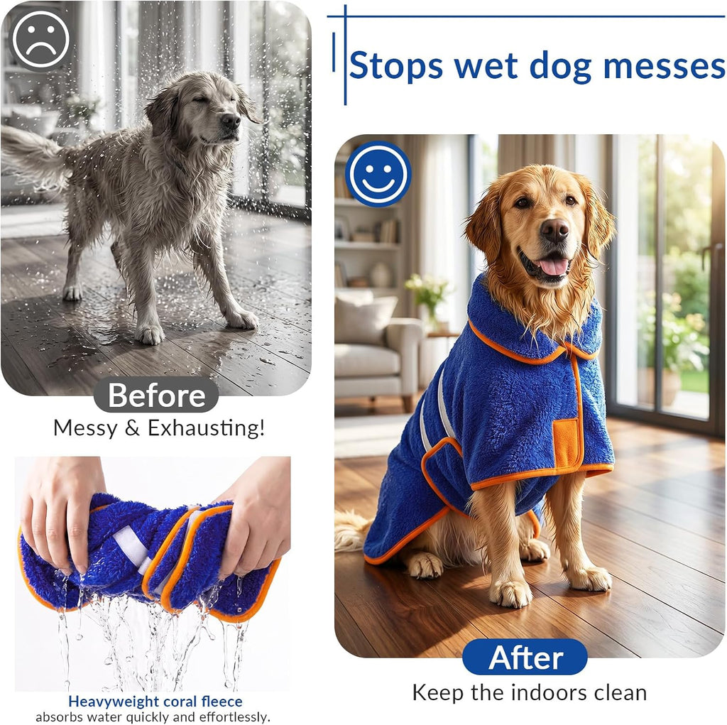 Dog bathrobe, super absorbent for small to large dogs, dark blue XL | dog robes with soft fleece, warm & cozy, adjustable fit, and quick drying coat for baths swimming and grooming - view 2