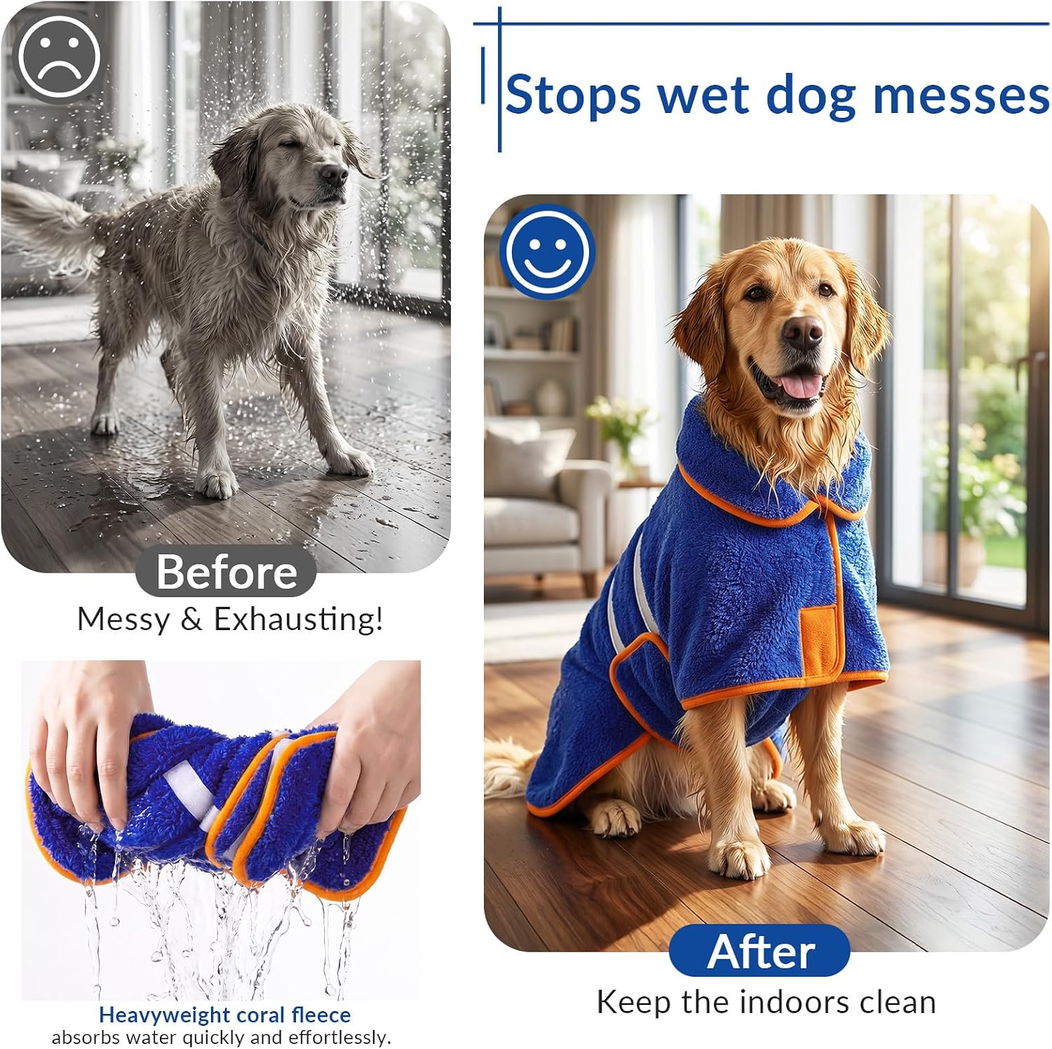 Dog bathrobe, super absorbent for small to large dogs, dark blue XL | dog robes with soft fleece, warm & cozy, adjustable fit, and quick drying coat for baths swimming and grooming - view 2