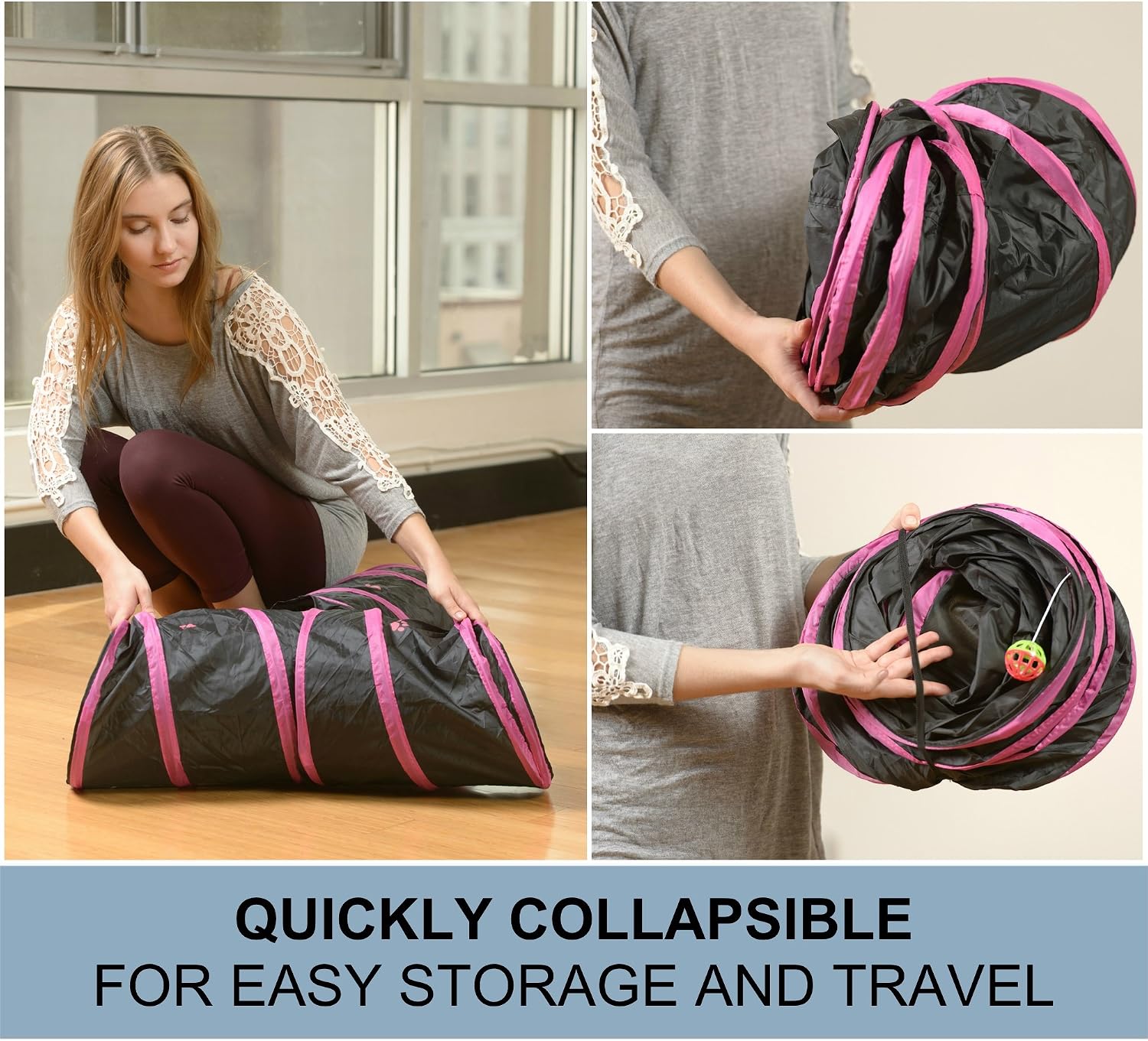 Cat tunnel - collapsible 3 way play toy - interactive tube toys for rabbits, kittens, and dogs - black/pink - view 4