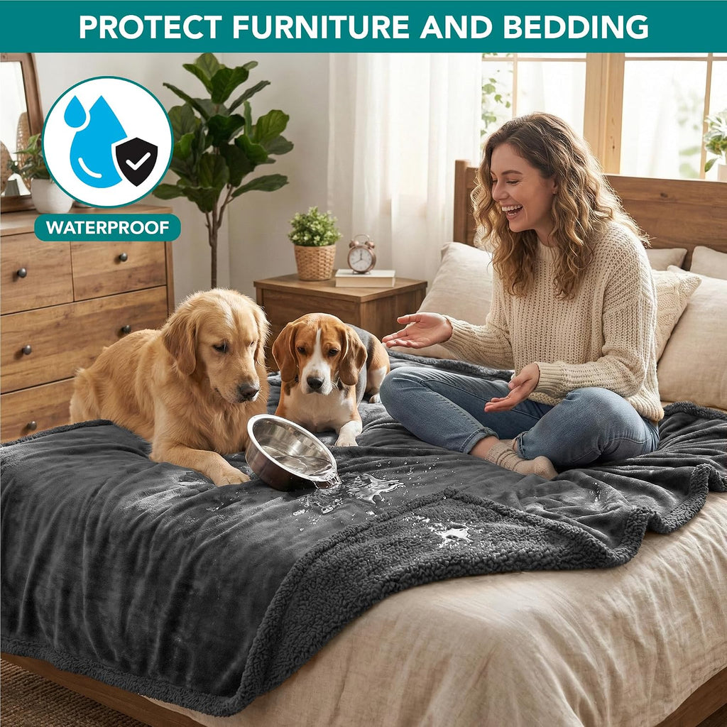 Waterproof Dog Blanket for Couch, Extra Large 80x60, Pee Proof Sherpa Fleece Reversible Pet Throw, Furniture Protector for Bed Sofa Crate Kennel, Soft Washable Cover for Dog Cat, Grey Sherpa - view 7