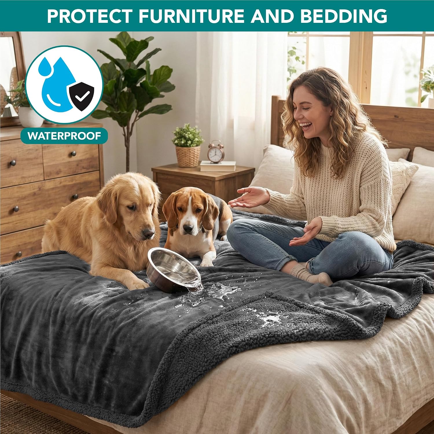Waterproof Dog Blanket for Couch, Extra Large 80x60, Pee Proof Sherpa Fleece Reversible Pet Throw, Furniture Protector for Bed Sofa Crate Kennel, Soft Washable Cover for Dog Cat, Grey Sherpa - view 7