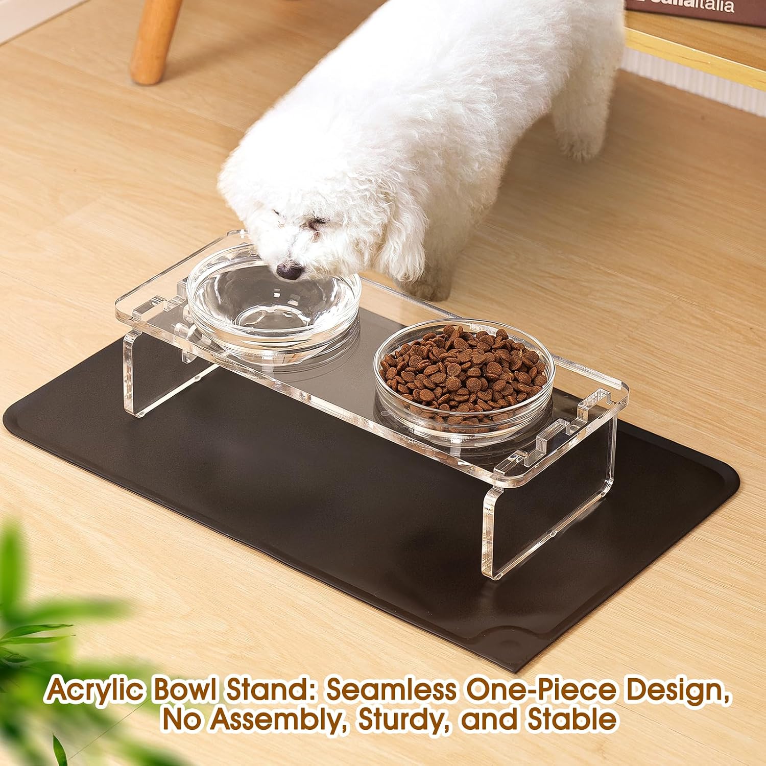 Elevated dog & cat bowls – 3.75" acrylic raised pet feeder stand with 2 stainless steel & 2 glass bowls – food & water dish set for puppy/small dogs & cats - view 2