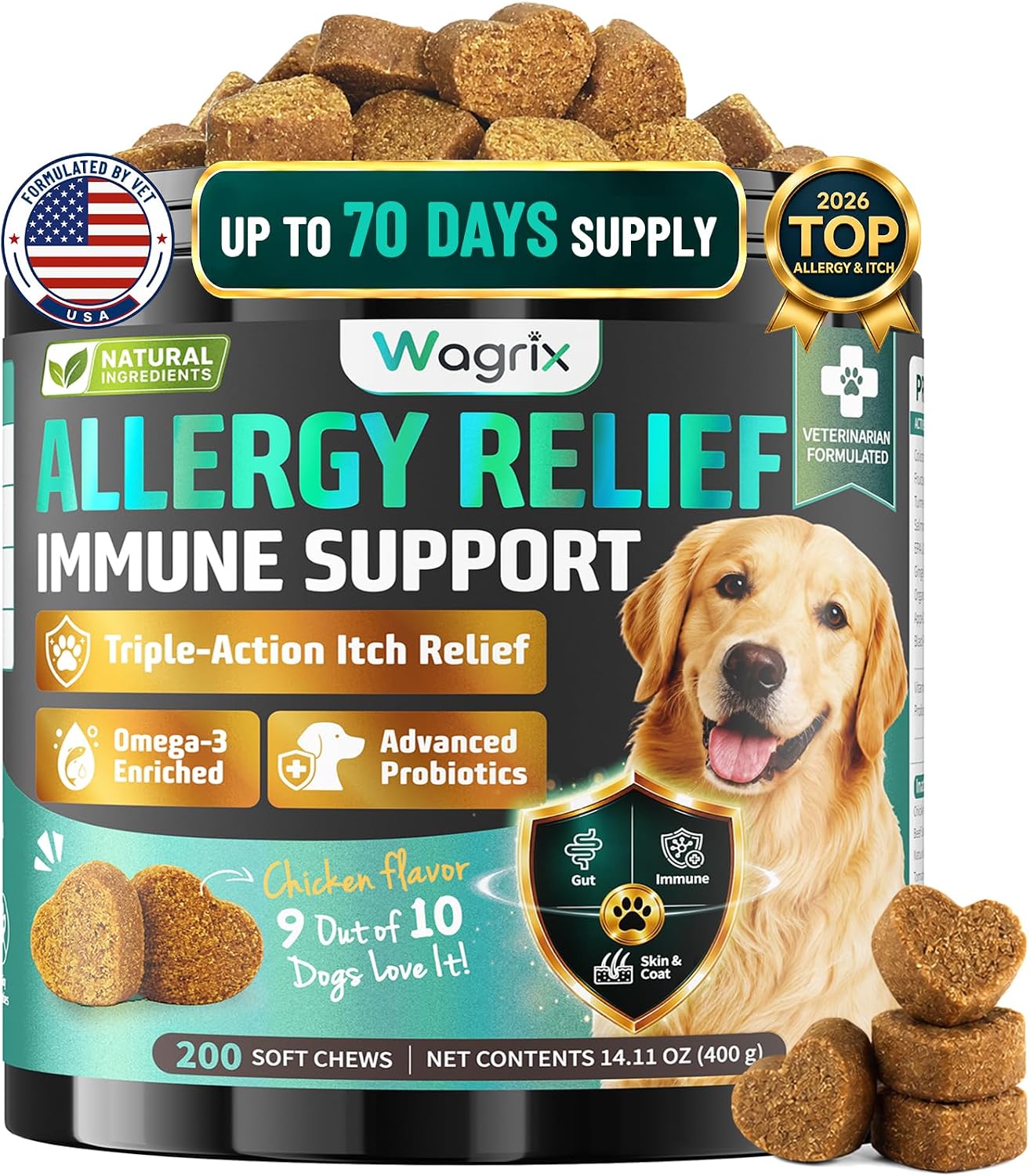 Dog Allergy Chews Omega 3 is Human, Itch Relief for Dogs Multivitamin 200ct | Premium Colostrum Probiotics, for Paw Licking, Yeast Ear, Seasonal Allergies, Immune Gut Support, All Breeds & Ages, Chicken