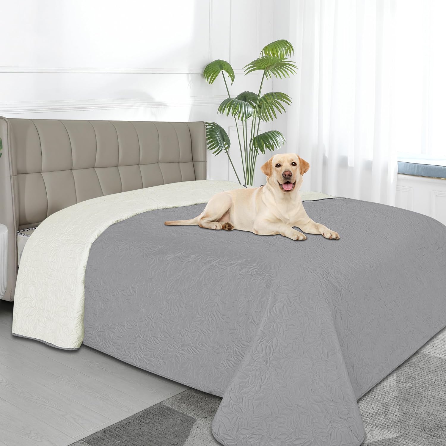 Waterproof Dog Bed Cover Reversible Leak Proof Pet Blanket Replacement Mat for Furniture Washable Couch Cover Sofa Cover for Dogs Cat(82x86 Inch, Light Gray/Ivory)