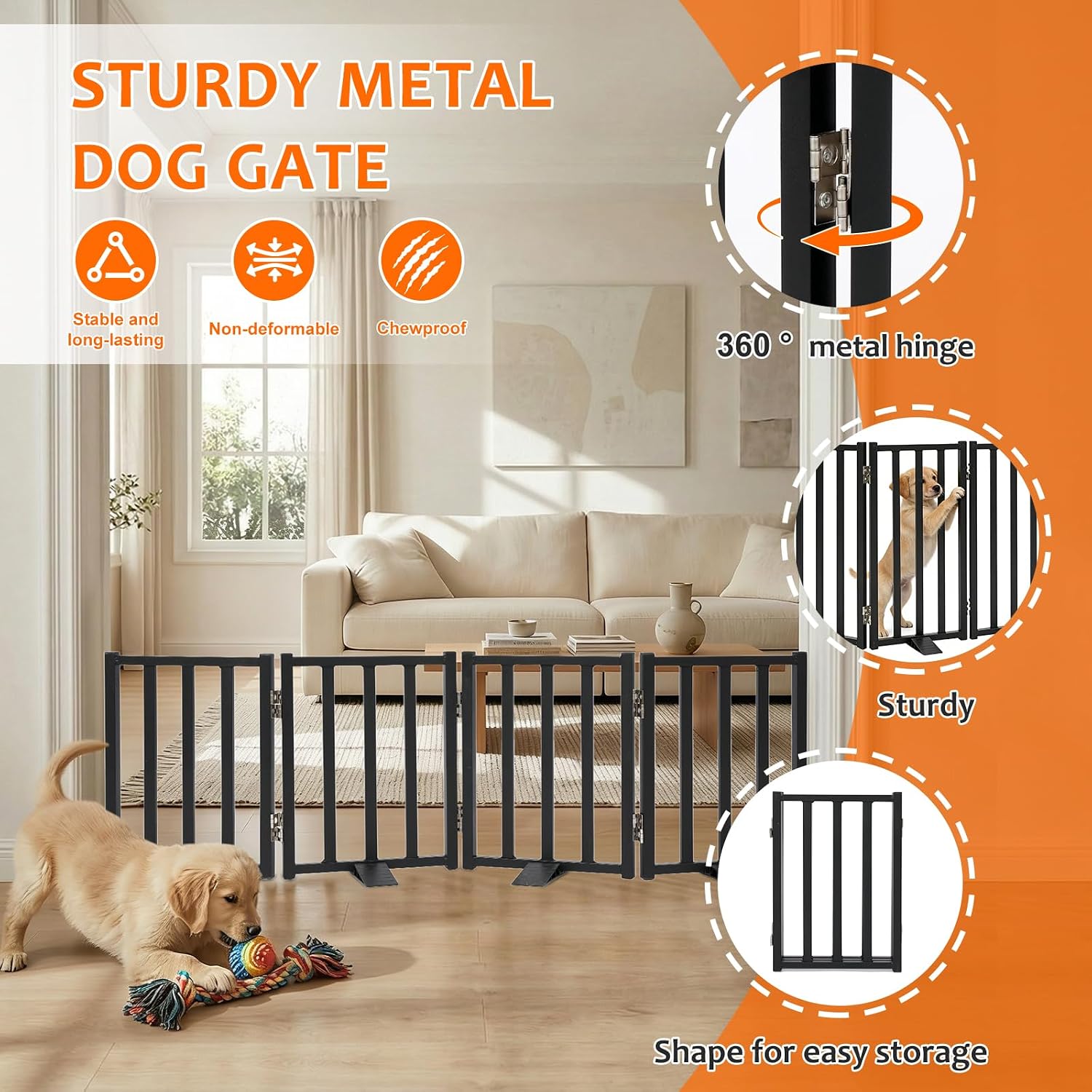 Freestanding Short Dog Gate, 16.5" Tall, 3-Panel, Black | Up to 36 in wide, foldable, easy step-over, stable feet, for small dogs, doorways, stairs and kitchens - view 4